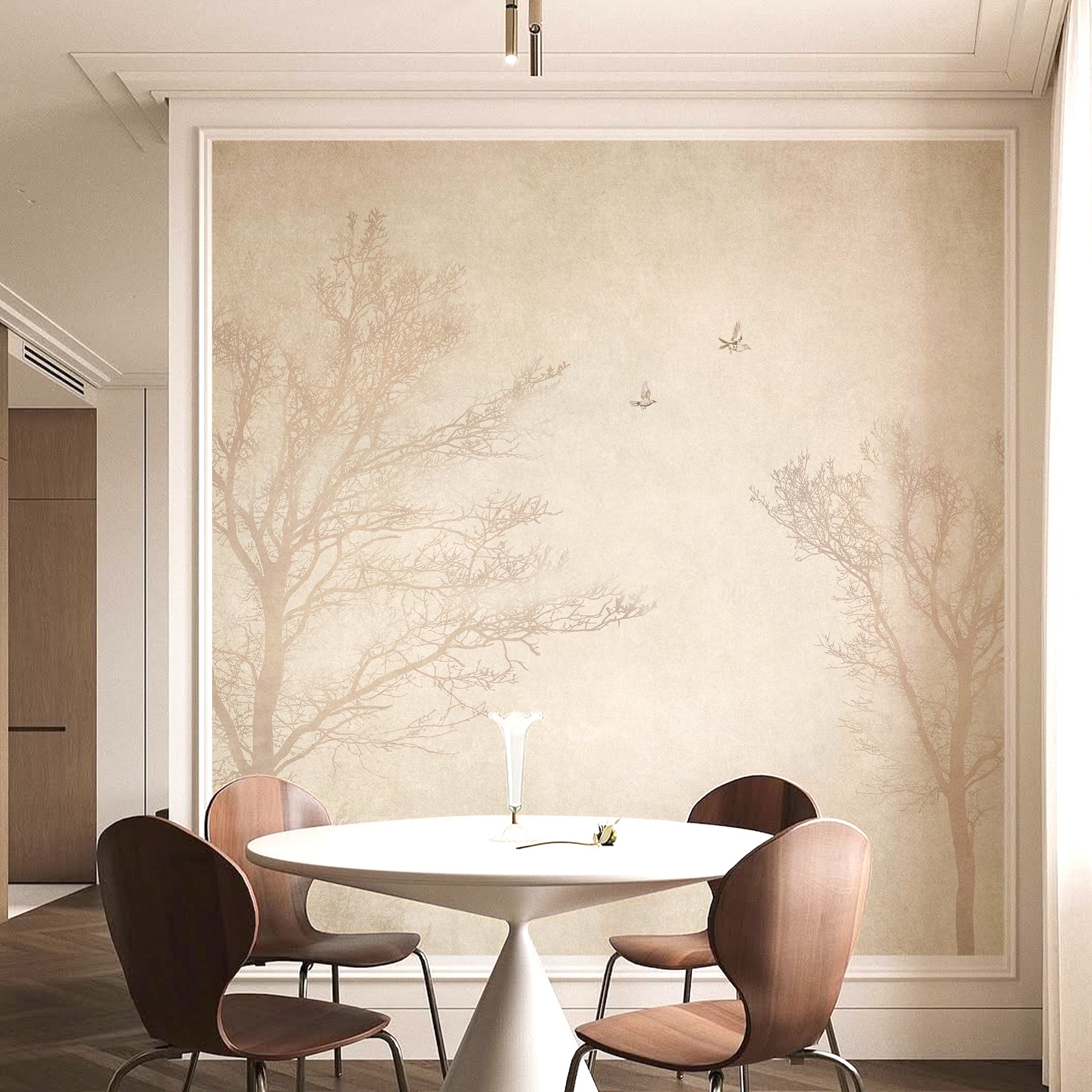 Airy Woods: Sepia Woods With Bare Trees and Flying Birds, Soft Vintage Texture