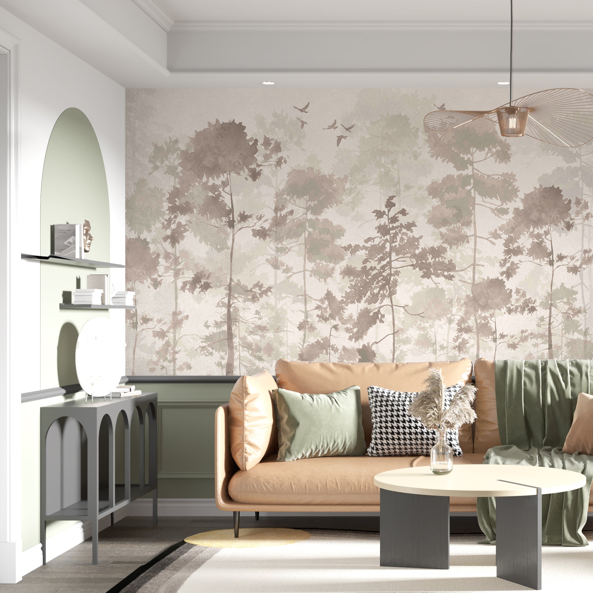 Mistwood Canopy: Soft Forest Scene With Silhouetted Trees And Subtle Birds In Mist