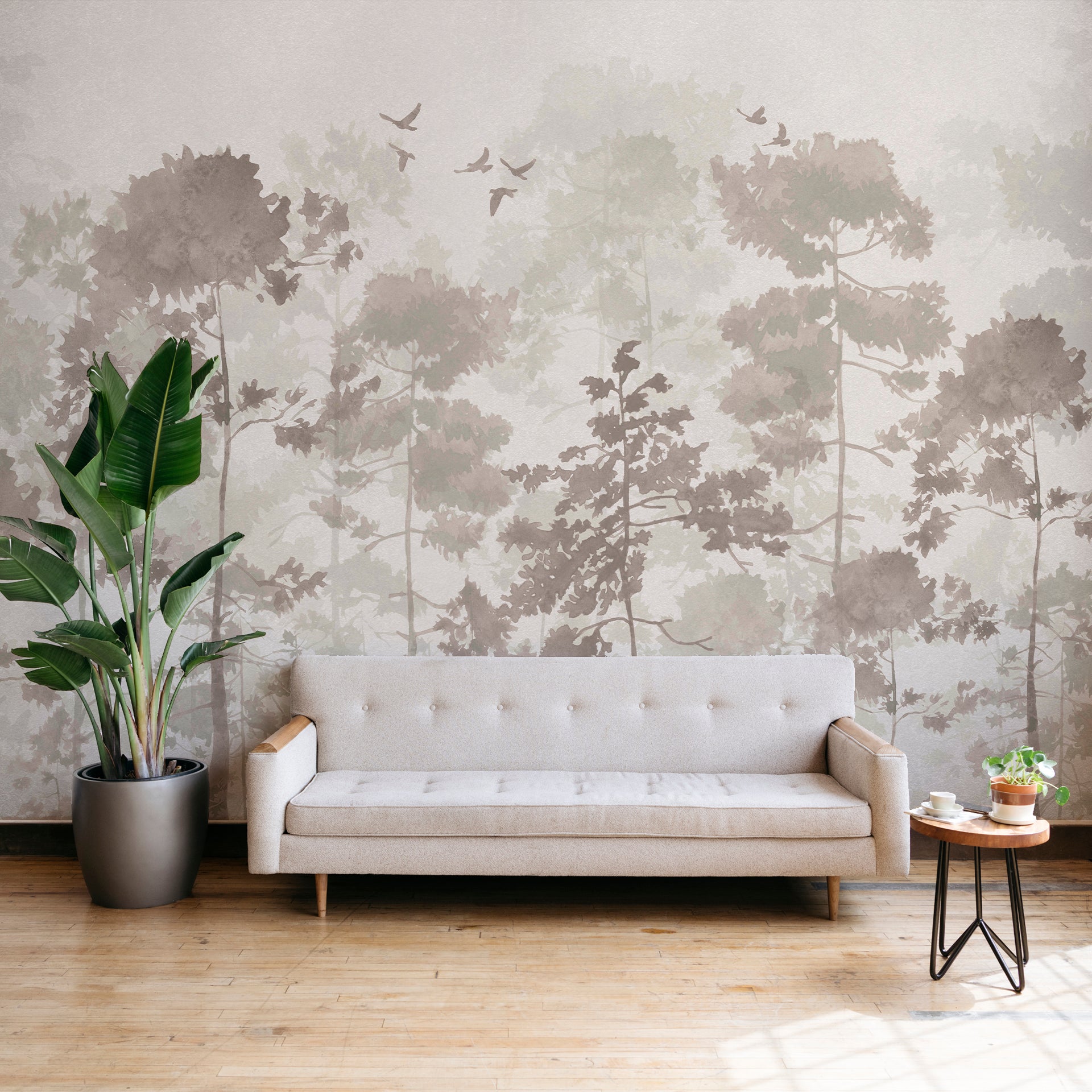 Mistwood Canopy: Soft Forest Scene With Silhouetted Trees And Subtle Birds In Mist