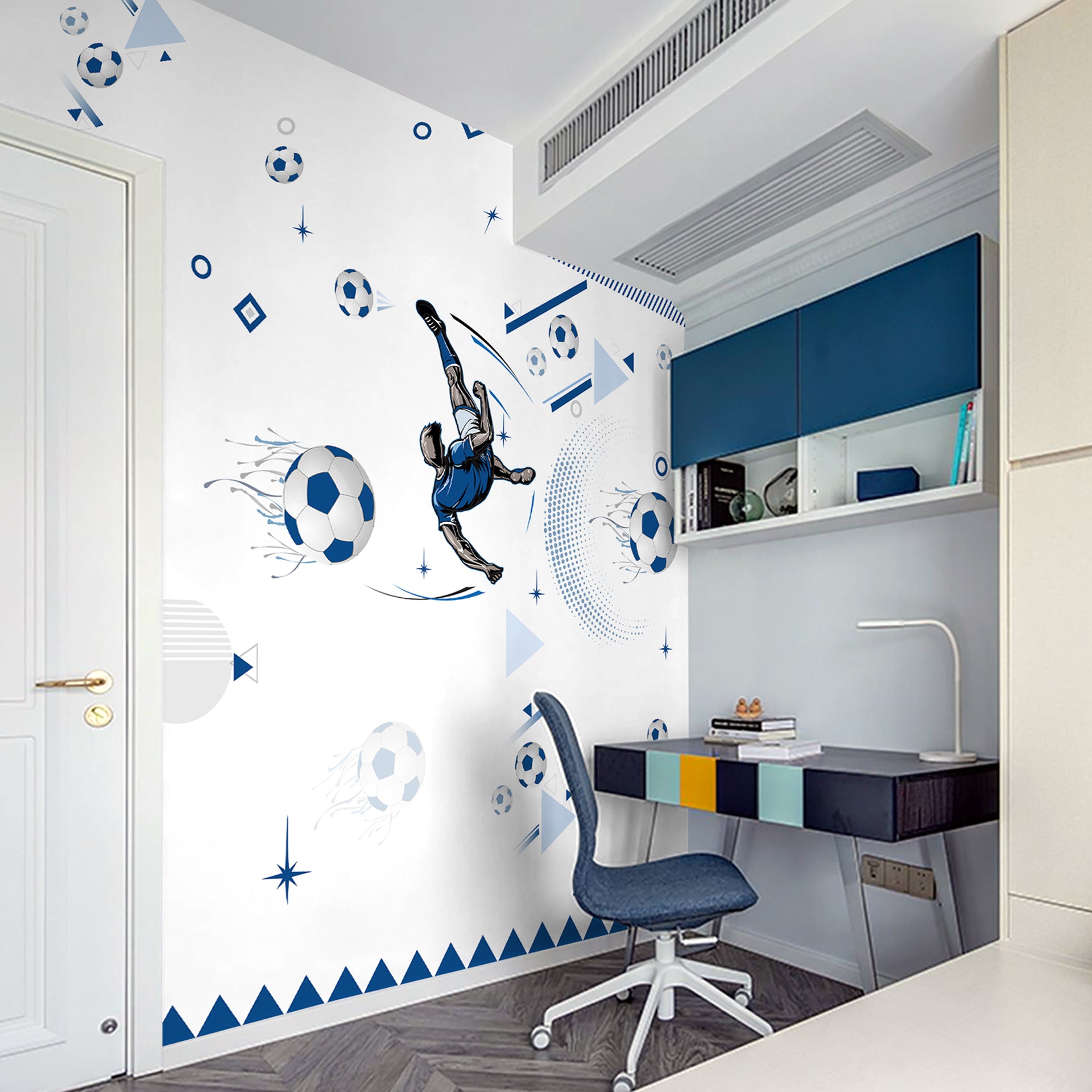 Goal!!!-Dynamic Soccer Action With Abstract Blue Design Elements