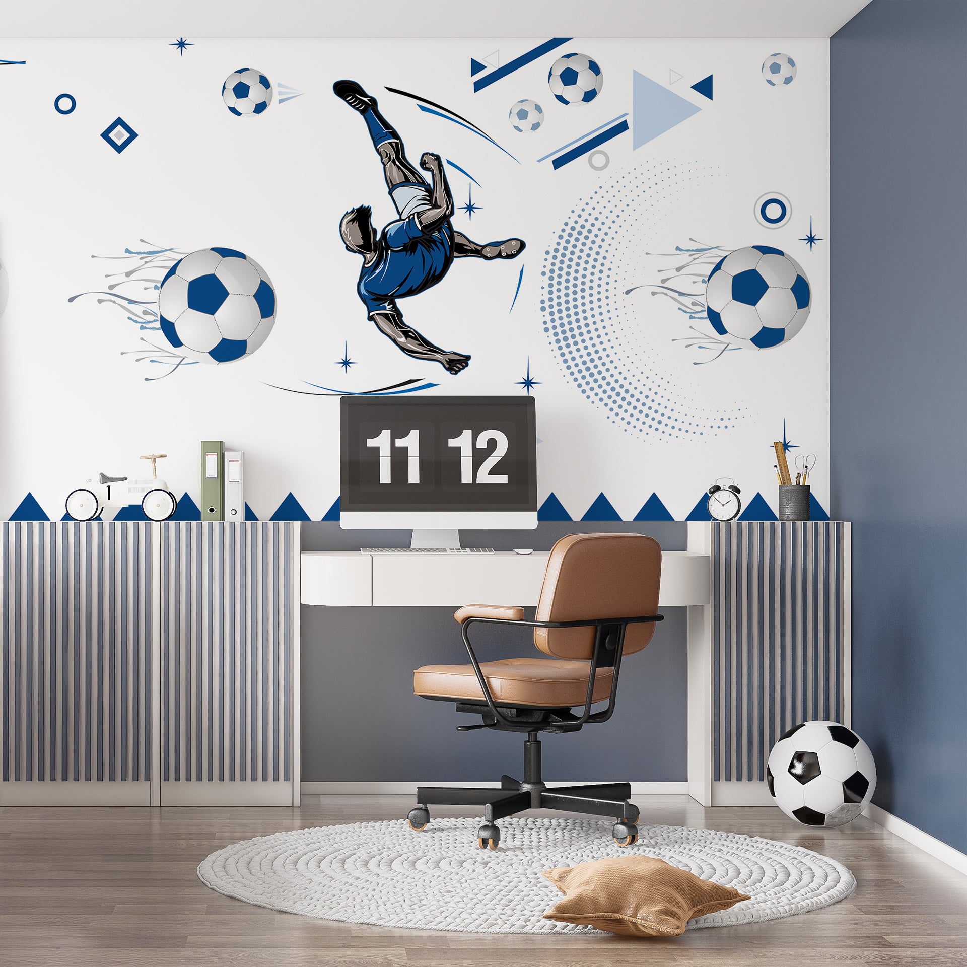 Goal!!!-Dynamic Soccer Action With Abstract Blue Design Elements
