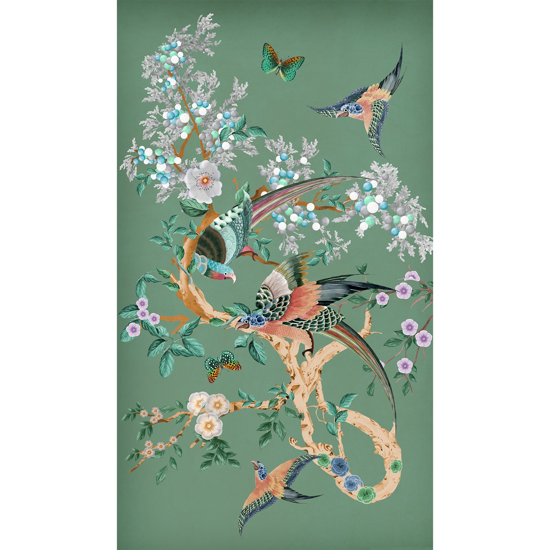 Ornate-Birds-Vibrant Floral Tree With Colorful Birds And Butterflies In Ornate Asian Style Artwork