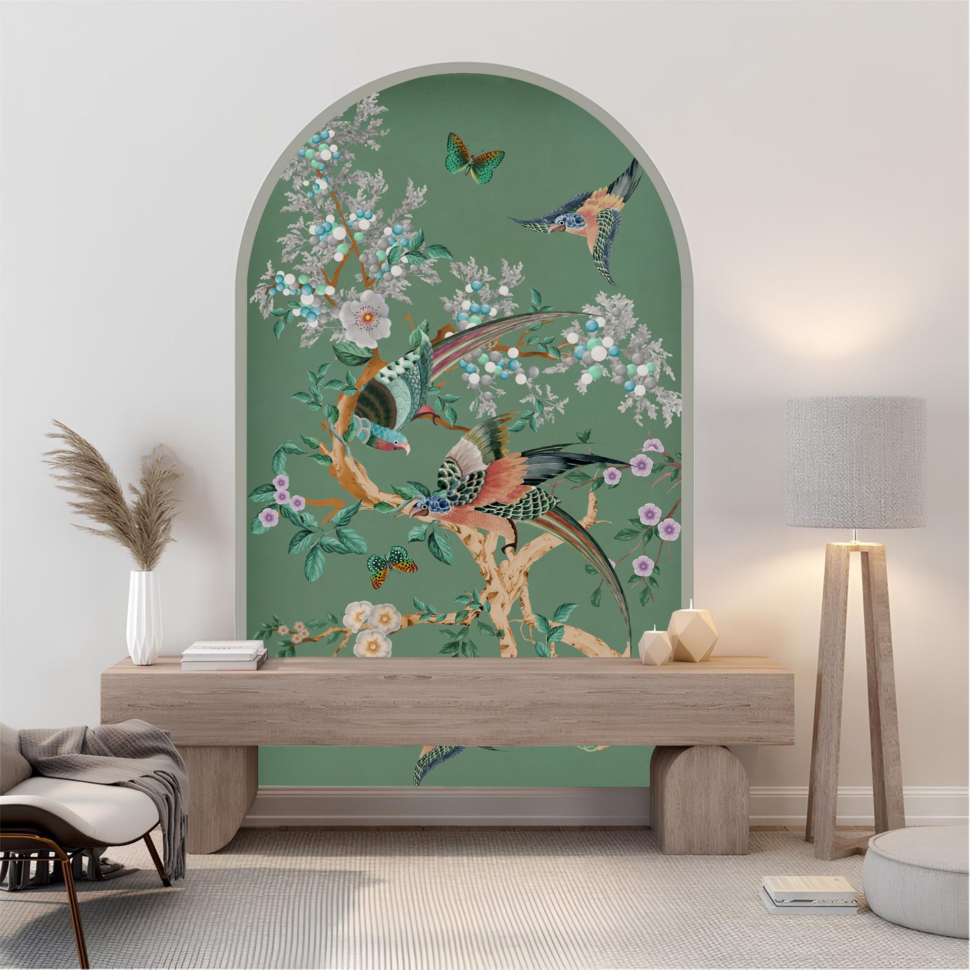 Ornate-Birds-Vibrant Floral Tree With Colorful Birds And Butterflies In Ornate Asian Style Artwork