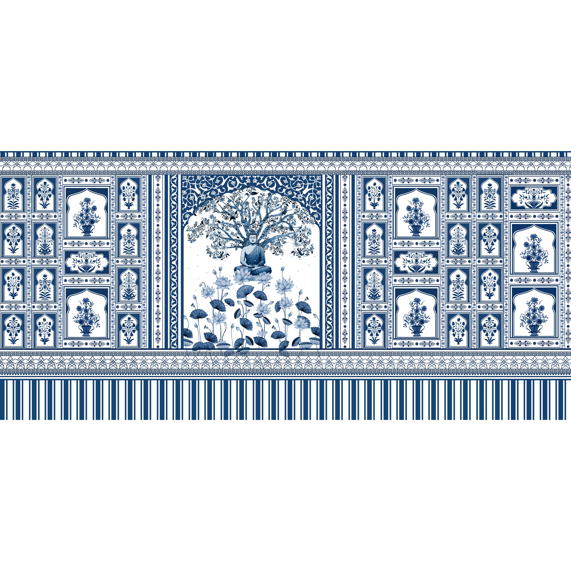Inner-Peace: Blue And White Tile Border With Buddha Garden Motif