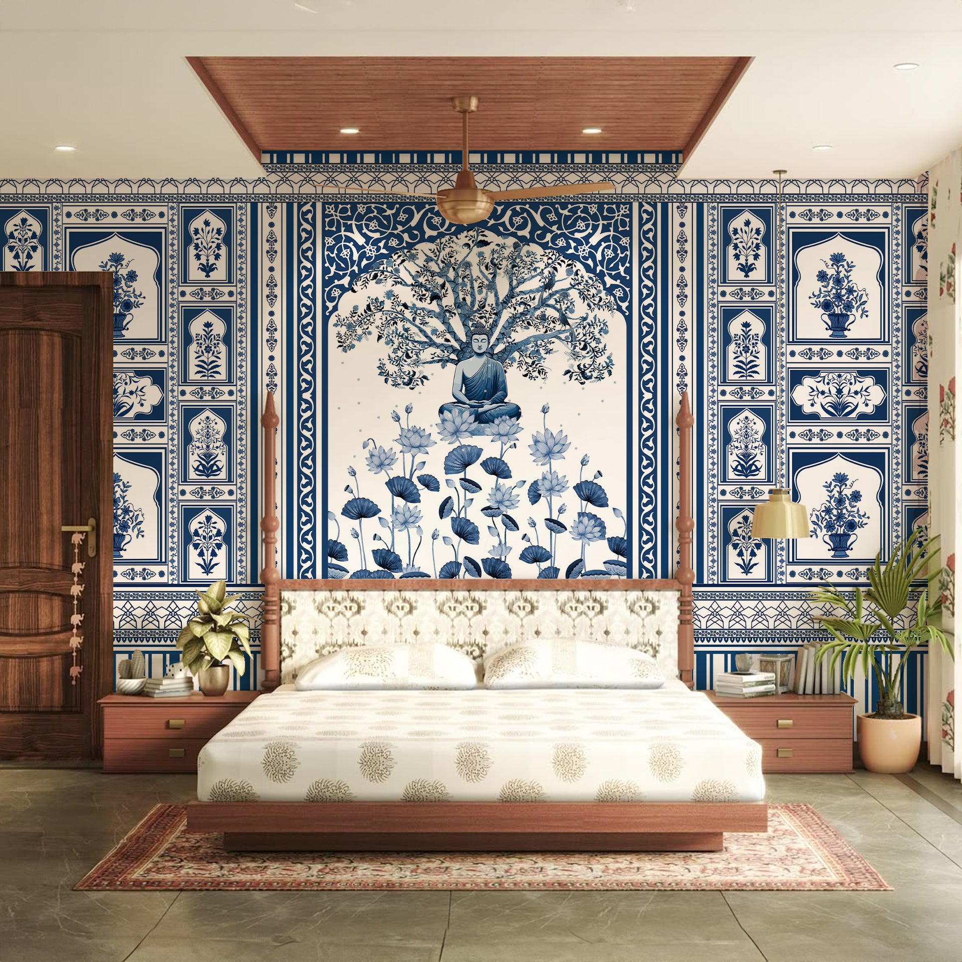 Inner-Peace: Blue And White Tile Border With Buddha Garden Motif