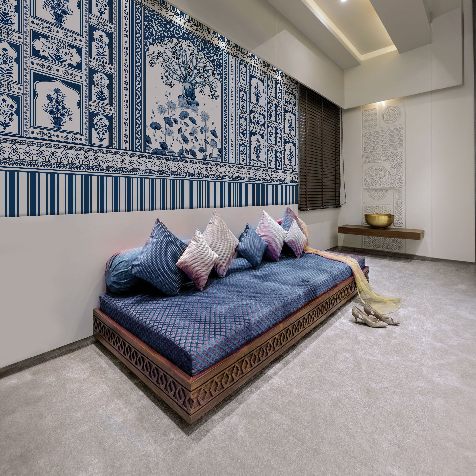 Inner-Peace: Blue And White Tile Border With Buddha Garden Motif