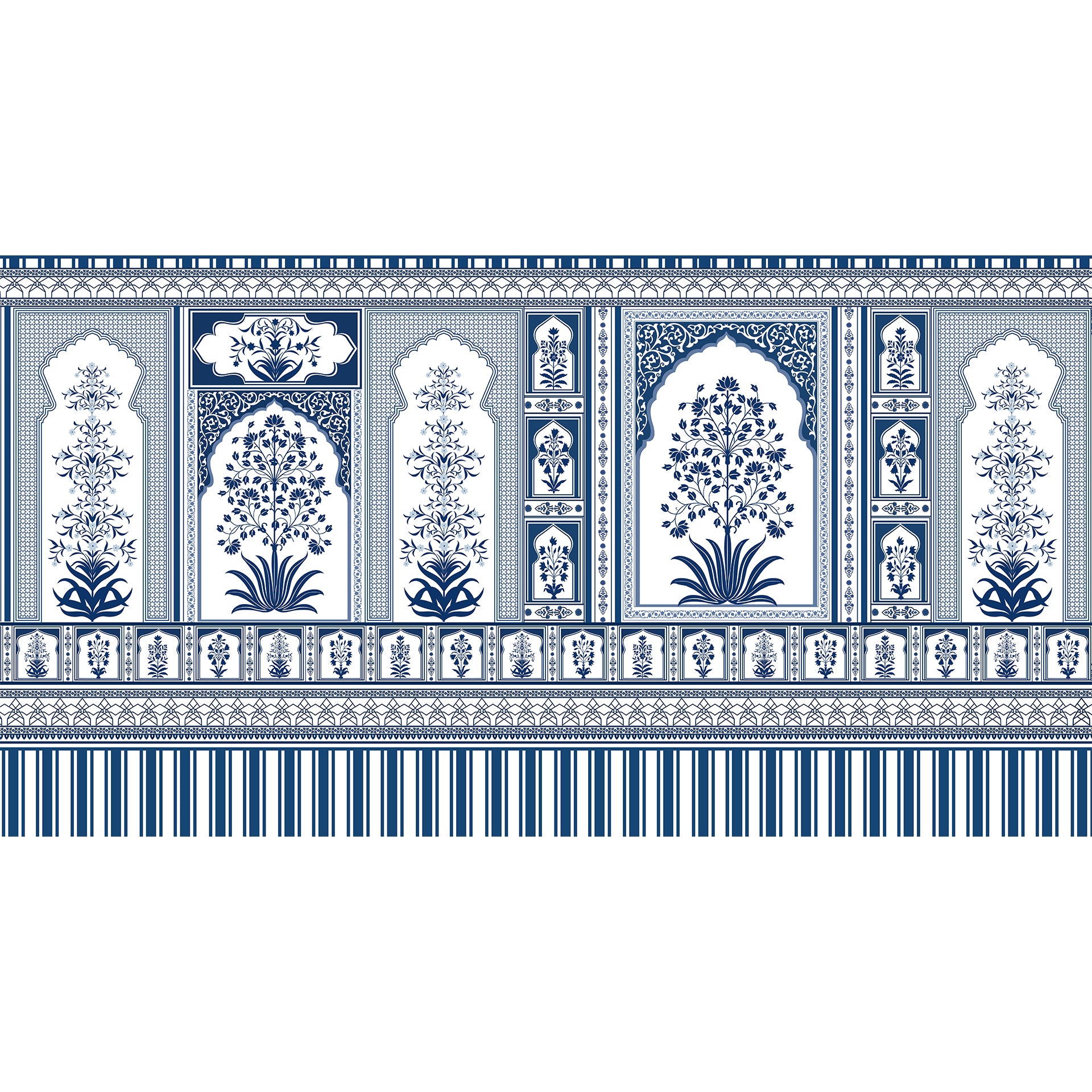 Royal-Blue: Intricate Blue and White Pattern With Floral Panels and Ornamental Borders
