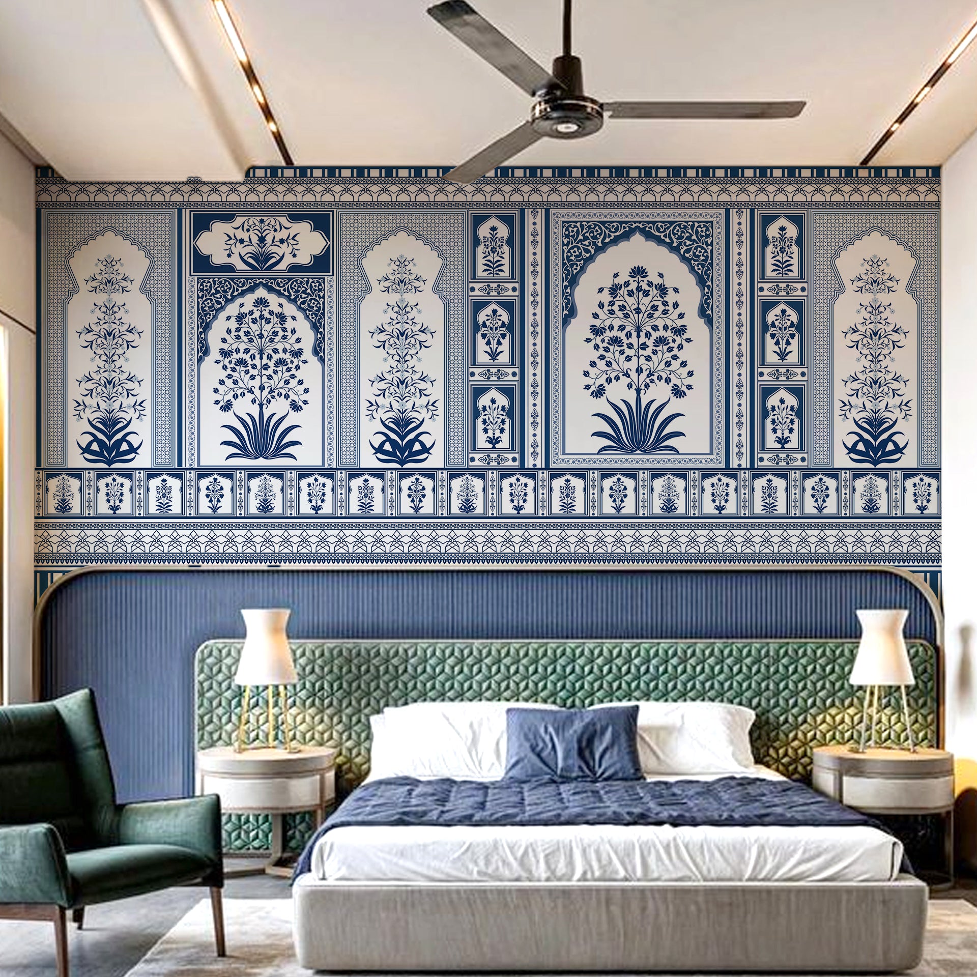 Royal-Blue: Intricate Blue and White Pattern With Floral Panels and Ornamental Borders