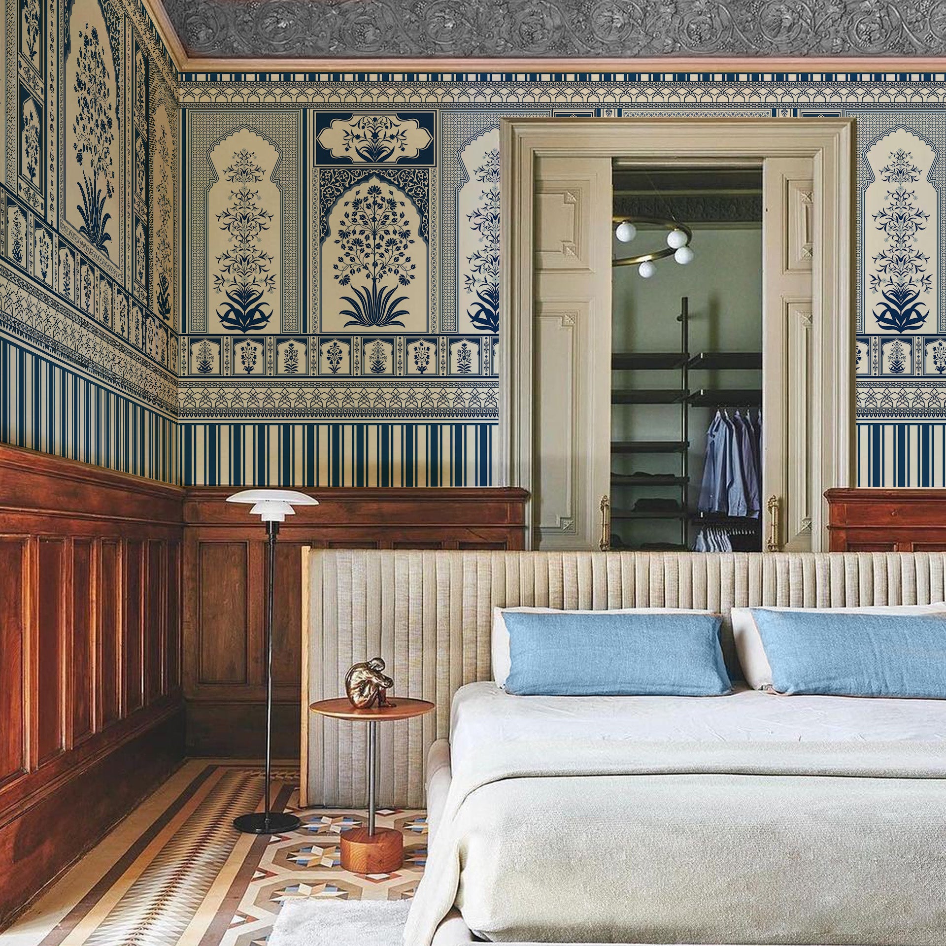 Royal-Blue: Intricate Blue and White Pattern With Floral Panels and Ornamental Borders