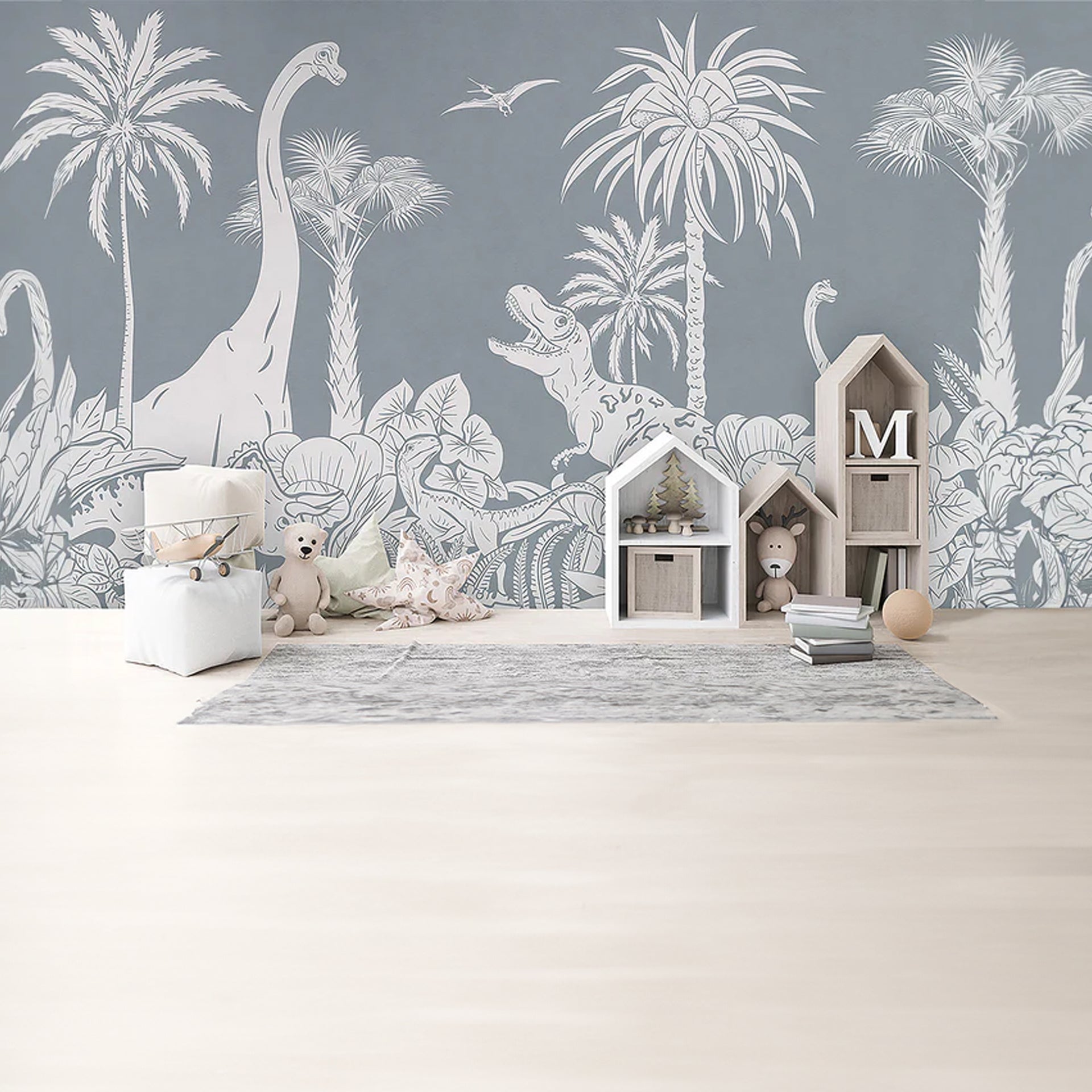 Dino-Joy: Prehistoric Dinosaurs And Palm Trees In White Silhouette