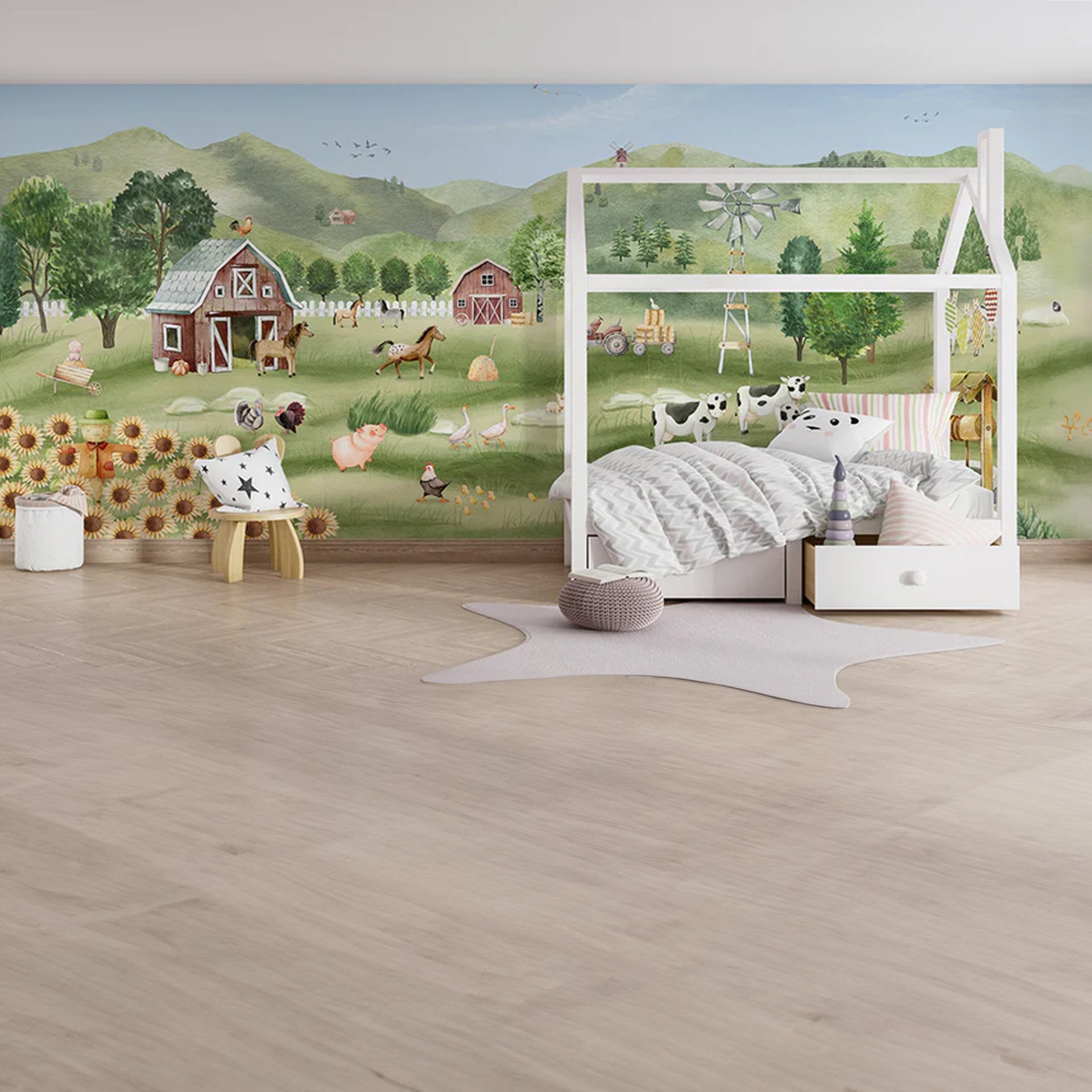 Farm-Joy: Sunny Farm With Barns, Animals, Windmill, Sunflowers, and Rolling Hills