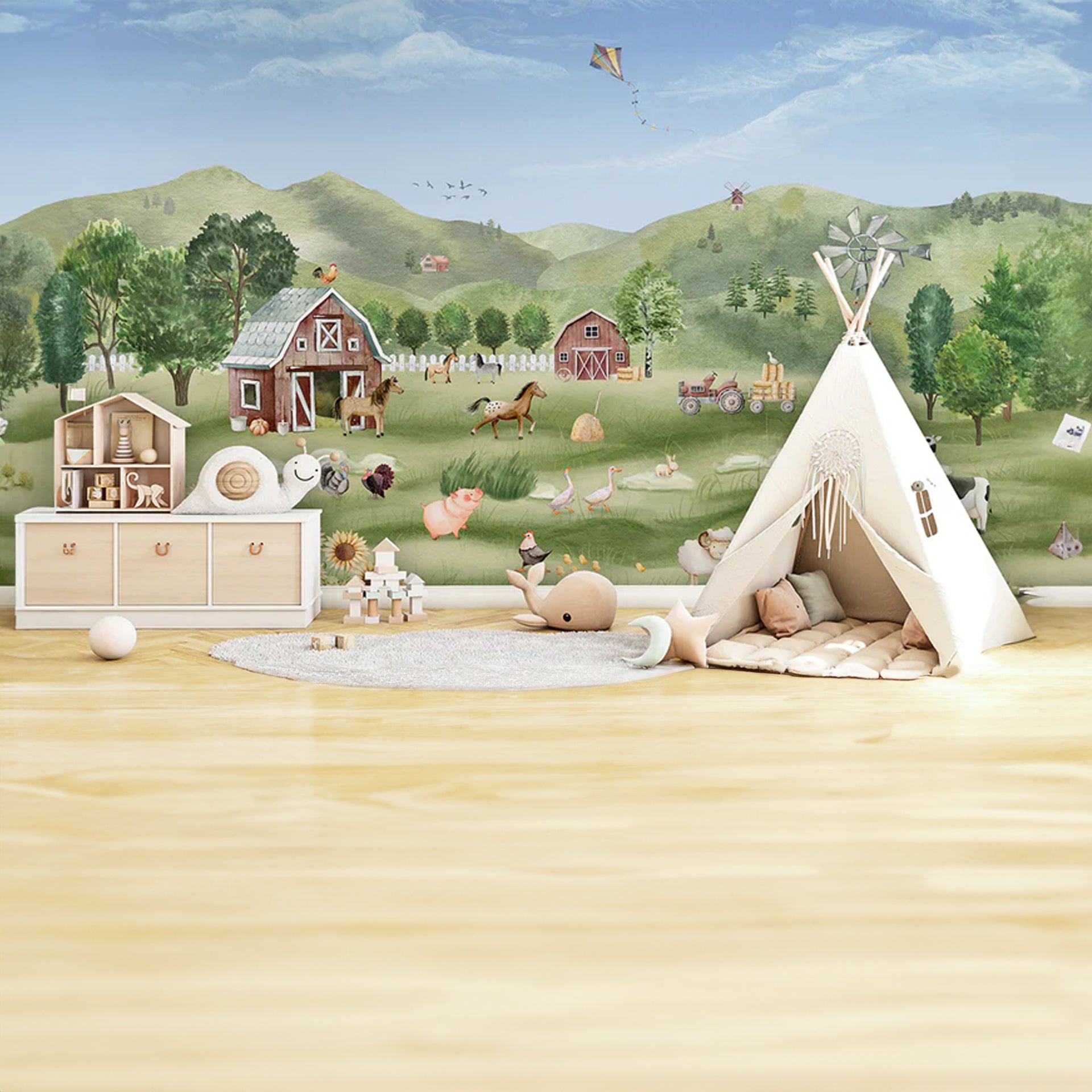 Farm-Joy: Sunny Farm With Barns, Animals, Windmill, Sunflowers, and Rolling Hills