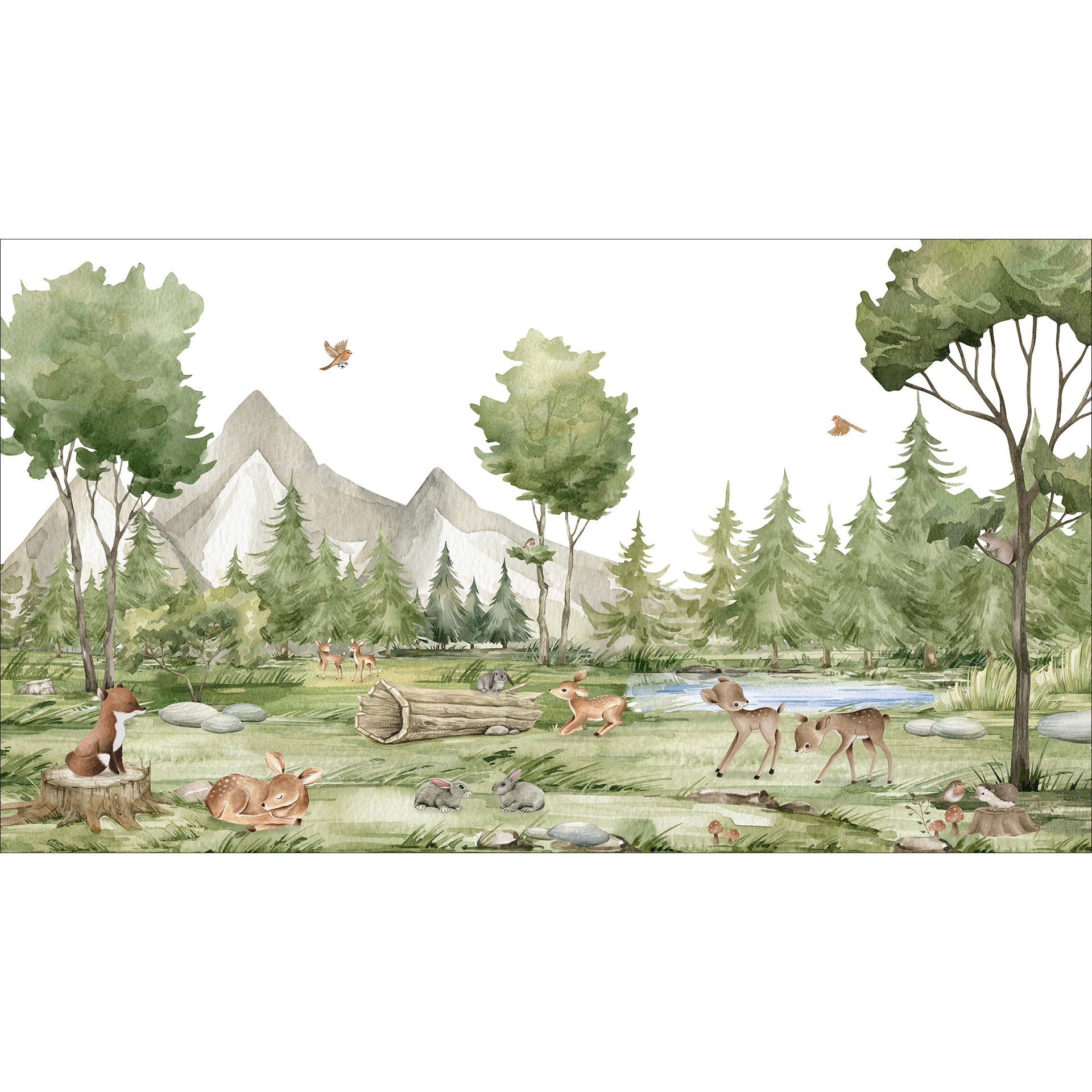 Forest-Joy: Gentle Forest wallpaper With Deer, Rabbits, Mountains, and Calm Stream in Watercolor Style