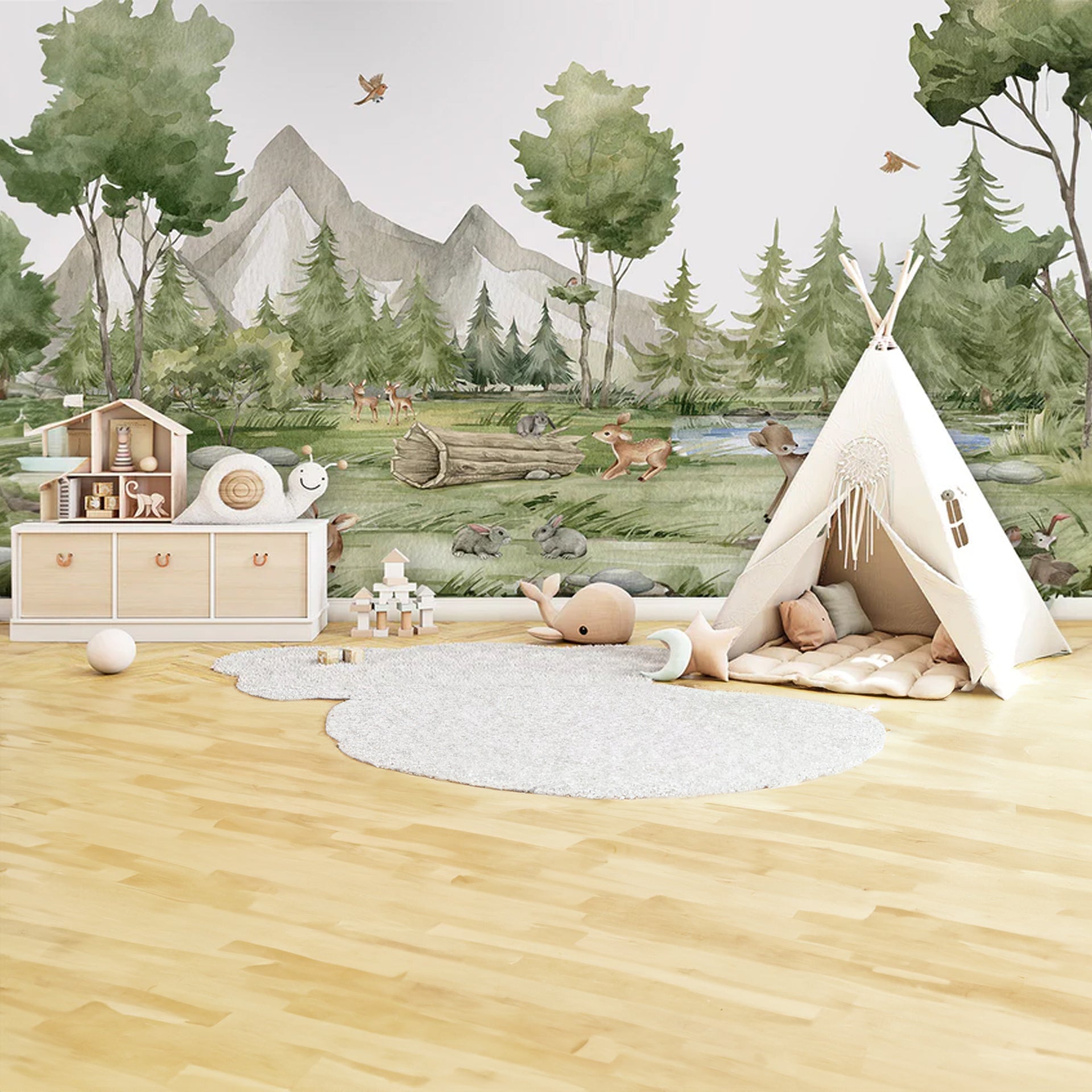 Forest-Joy: Gentle Forest wallpaper With Deer, Rabbits, Mountains, and Calm Stream in Watercolor Style