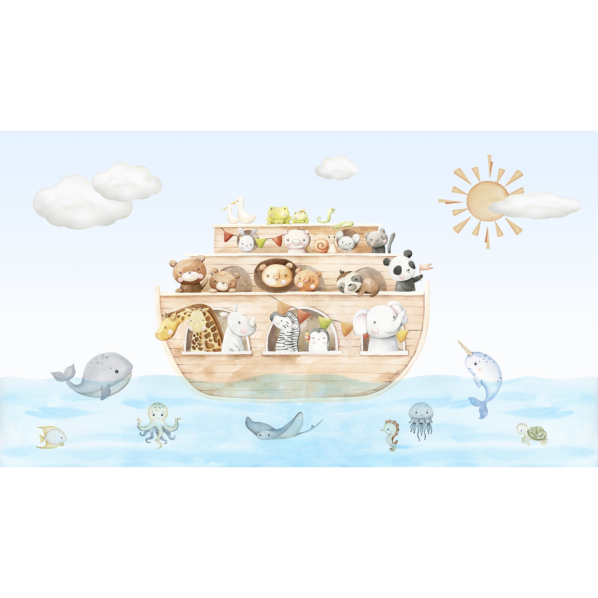 Noah's- Journey: Whimsical Animal Parade On A Wooden Ark Filled With Pets And Friends At Sea