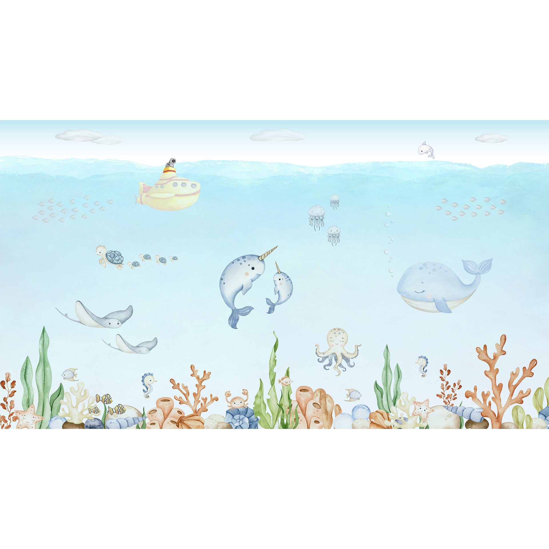 Ocean-Joy: Whimsical wallpaper With Whales, Coral Reef, Jellyfish, Submarine