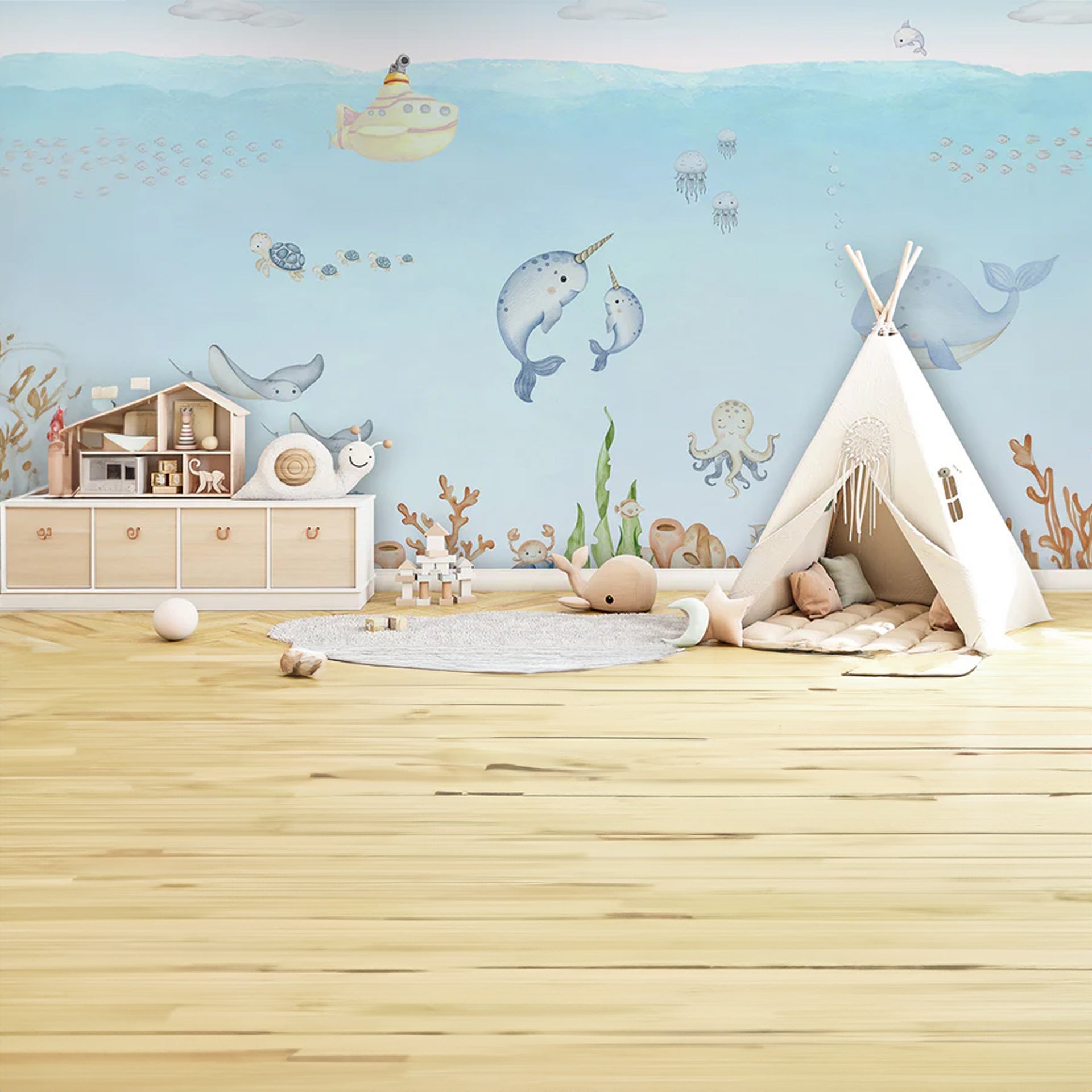 Ocean-Joy: Whimsical wallpaper With Whales, Coral Reef, Jellyfish, Submarine