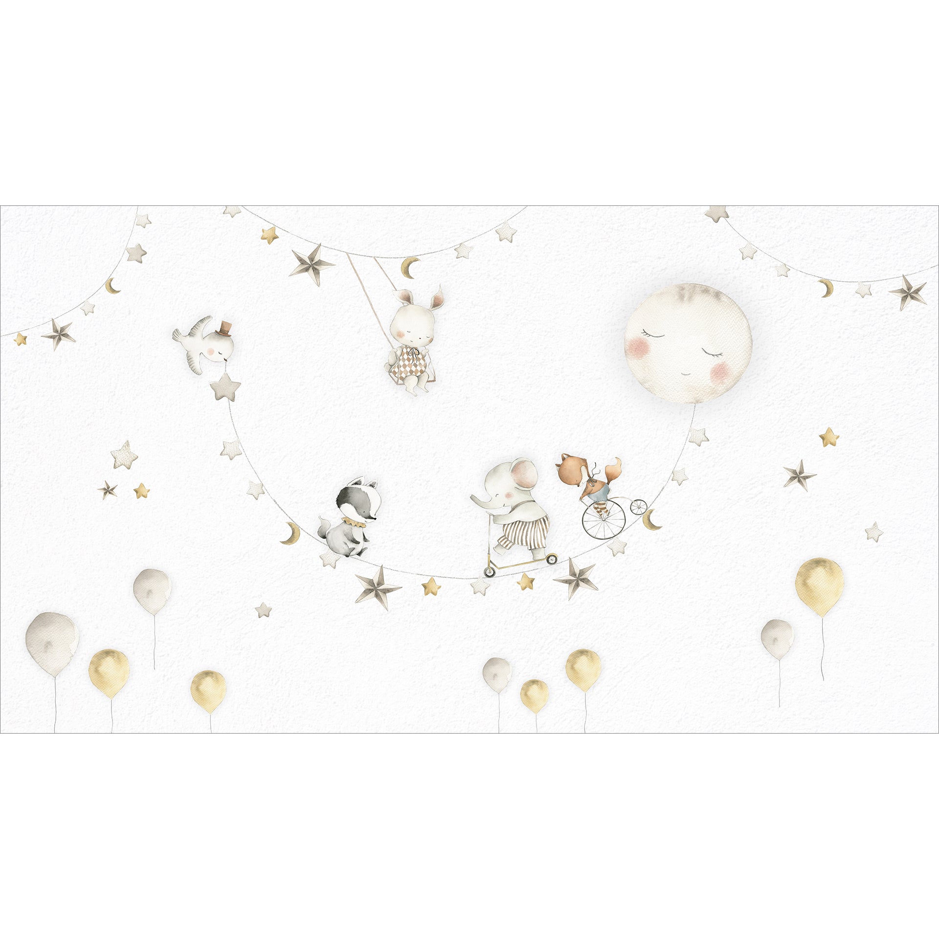 Sleeping-Moon: Whimsical Rabbits Float on Starry Garland with Balloons and Moon