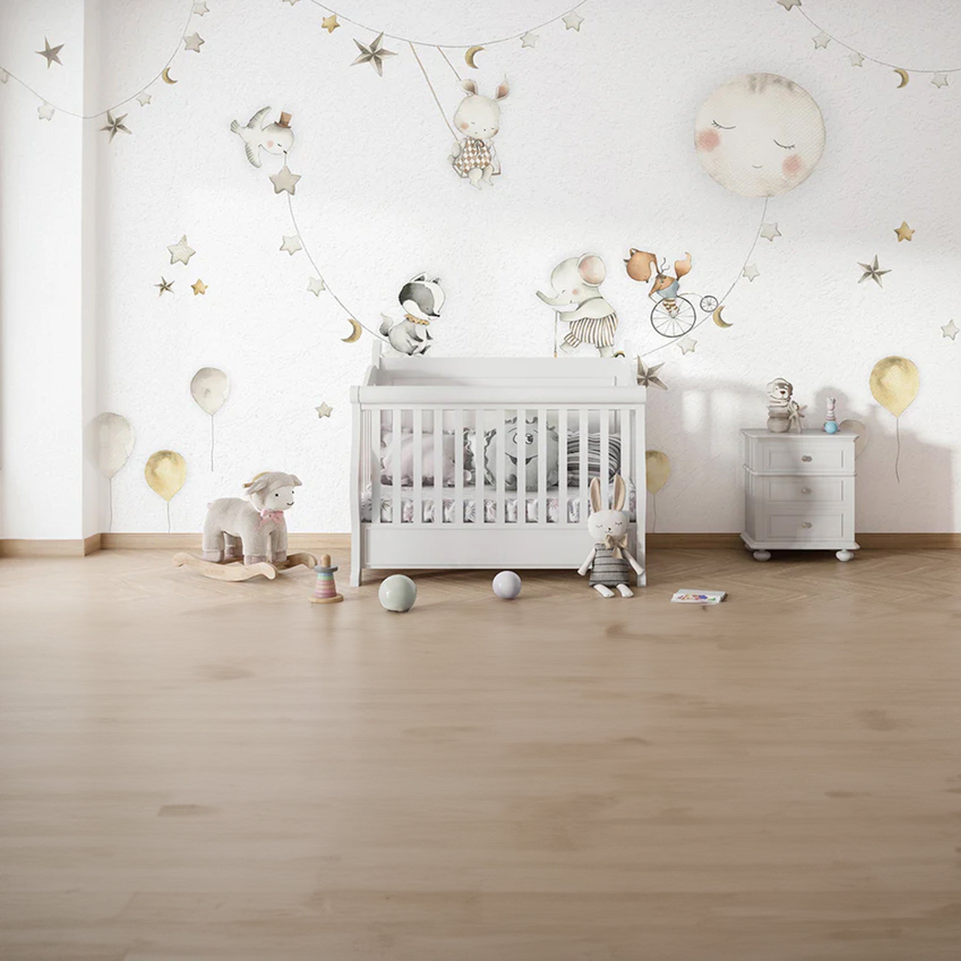 Sleeping-Moon: Whimsical Rabbits Float on Starry Garland with Balloons and Moon