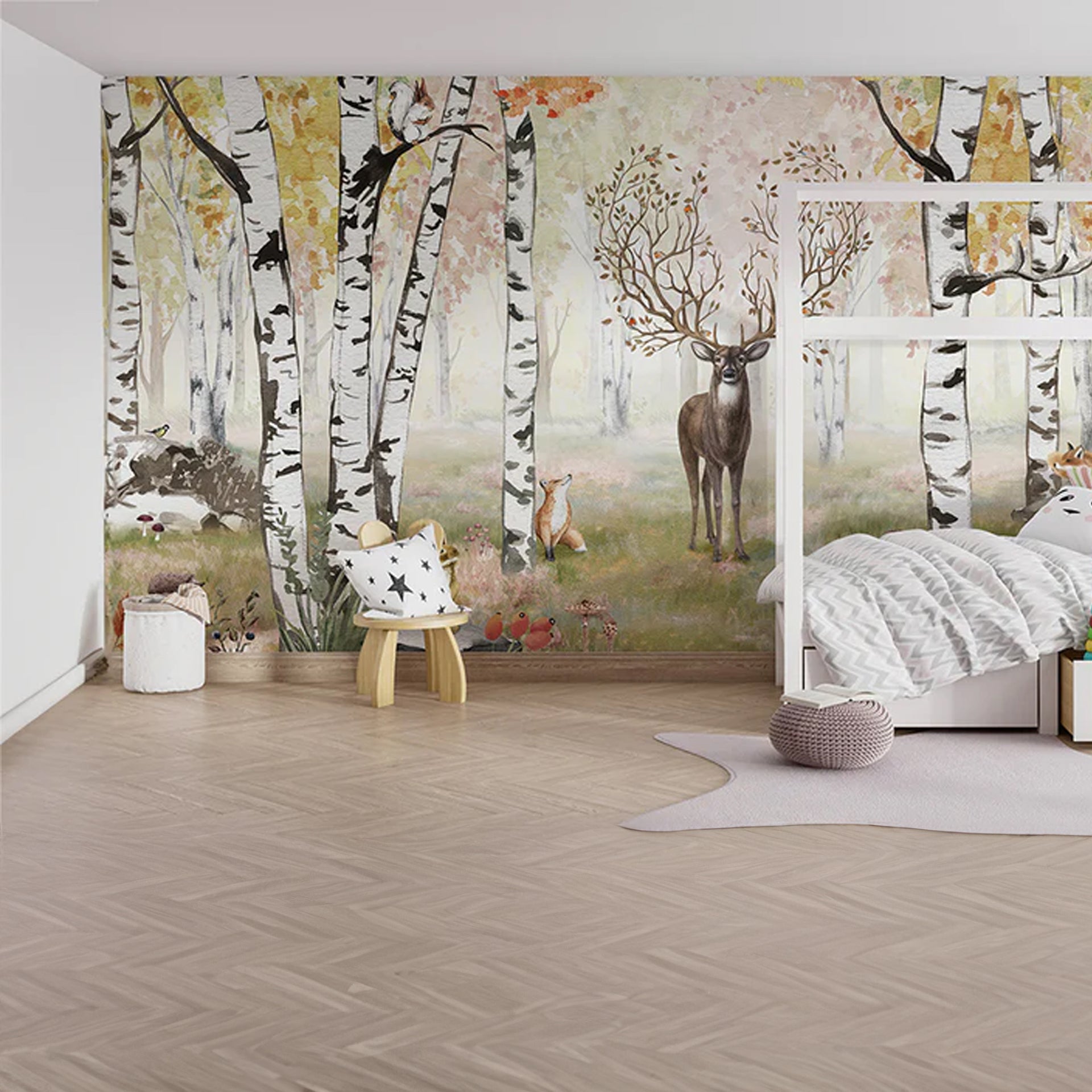 Amazing-Antlers: Autumn Forest Scene With Deer, Birch Trees, and Woodland Animals