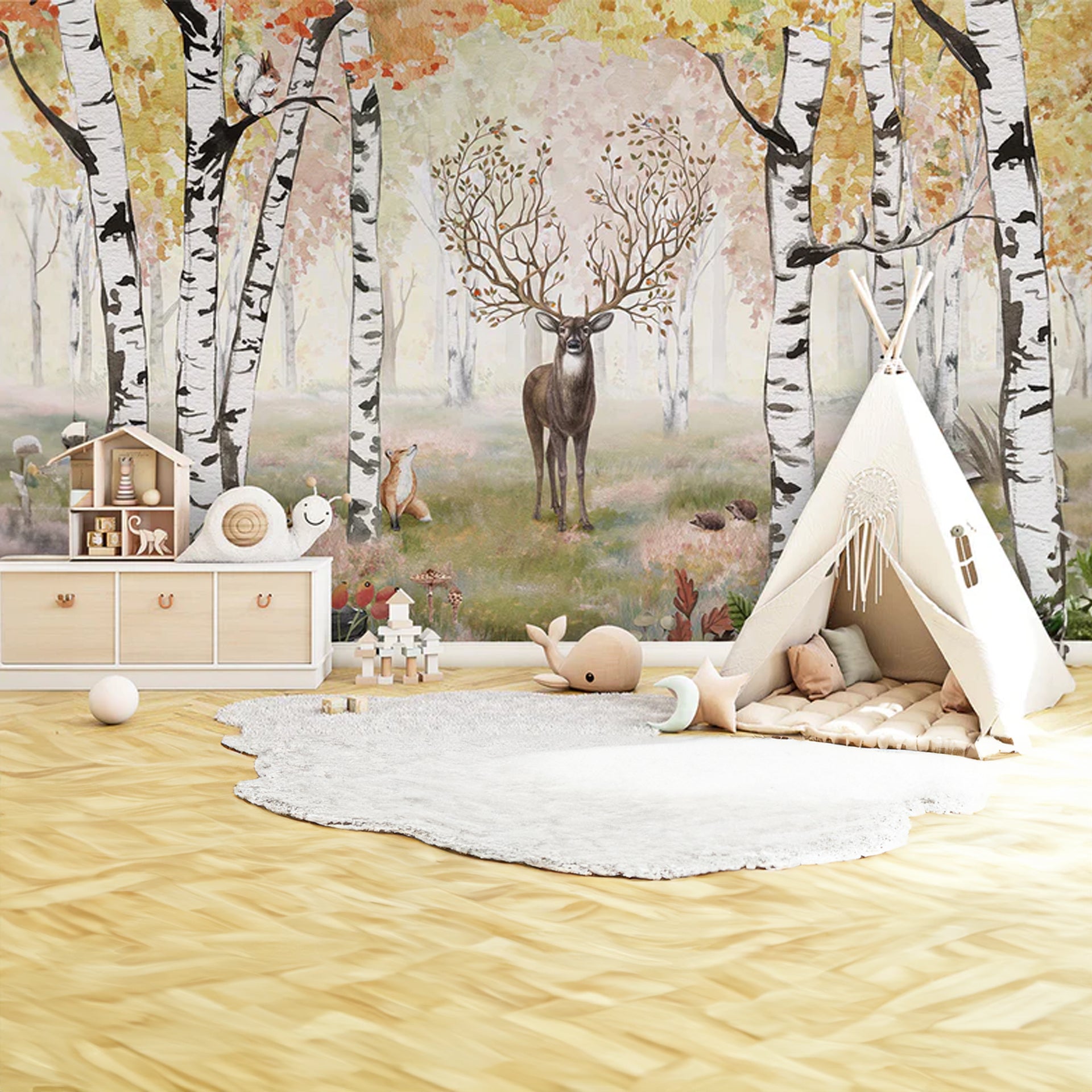 Amazing-Antlers: Autumn Forest Scene With Deer, Birch Trees, and Woodland Animals