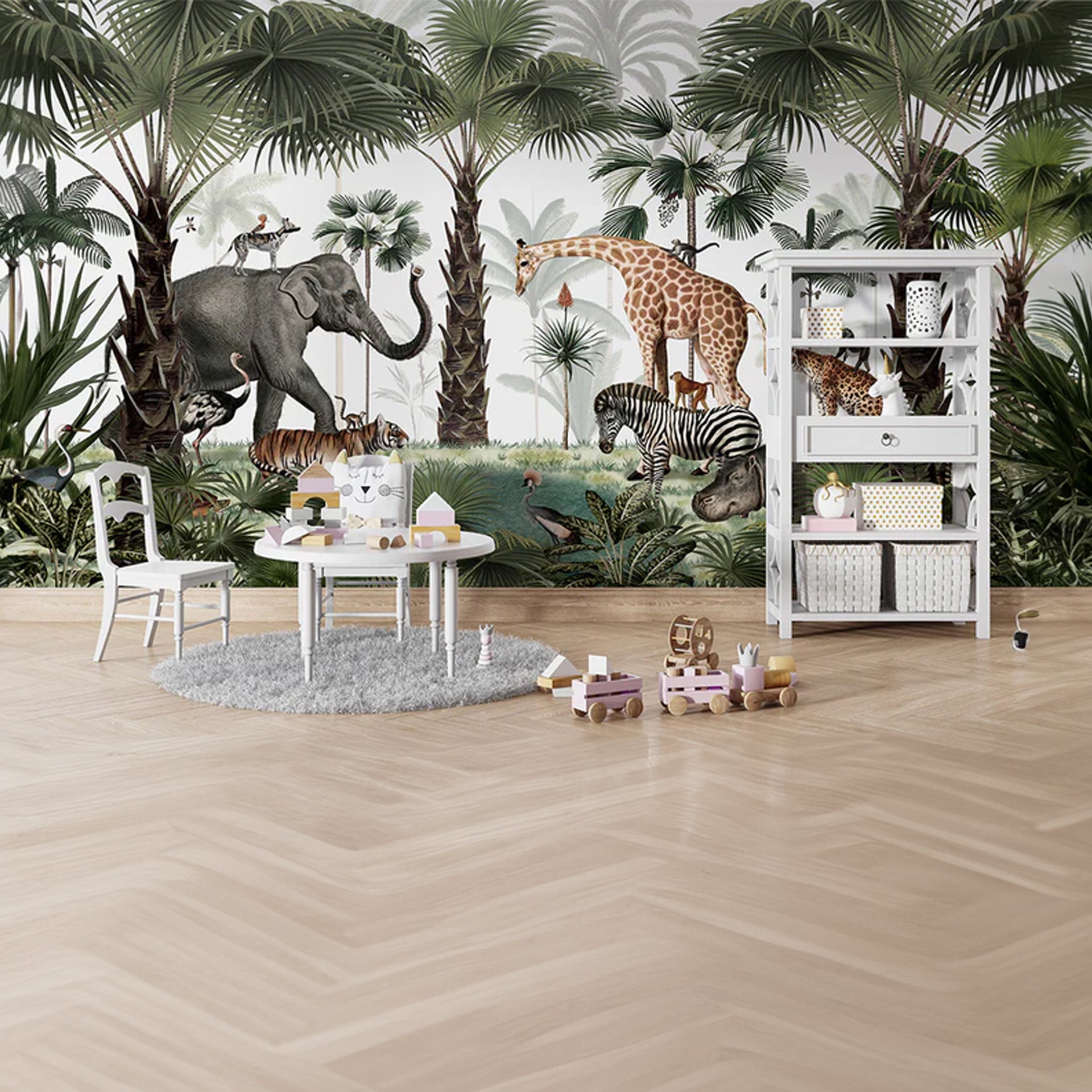 Animal-Kingdom: Wildlife Wallpaper With Elephants, Giraffes, Zebras  In Lush Tropical Forest