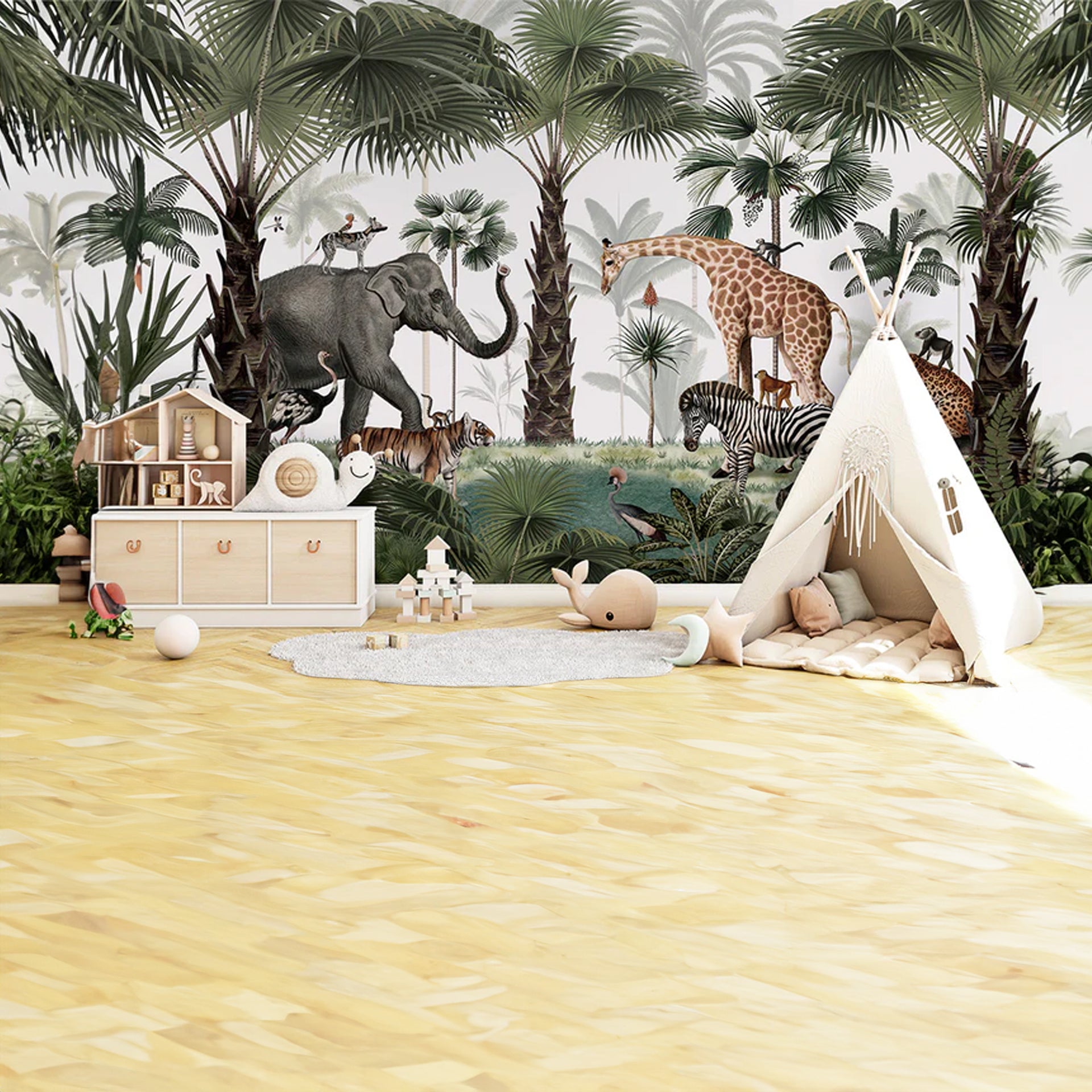 Animal-Kingdom: Wildlife Wallpaper With Elephants, Giraffes, Zebras  In Lush Tropical Forest