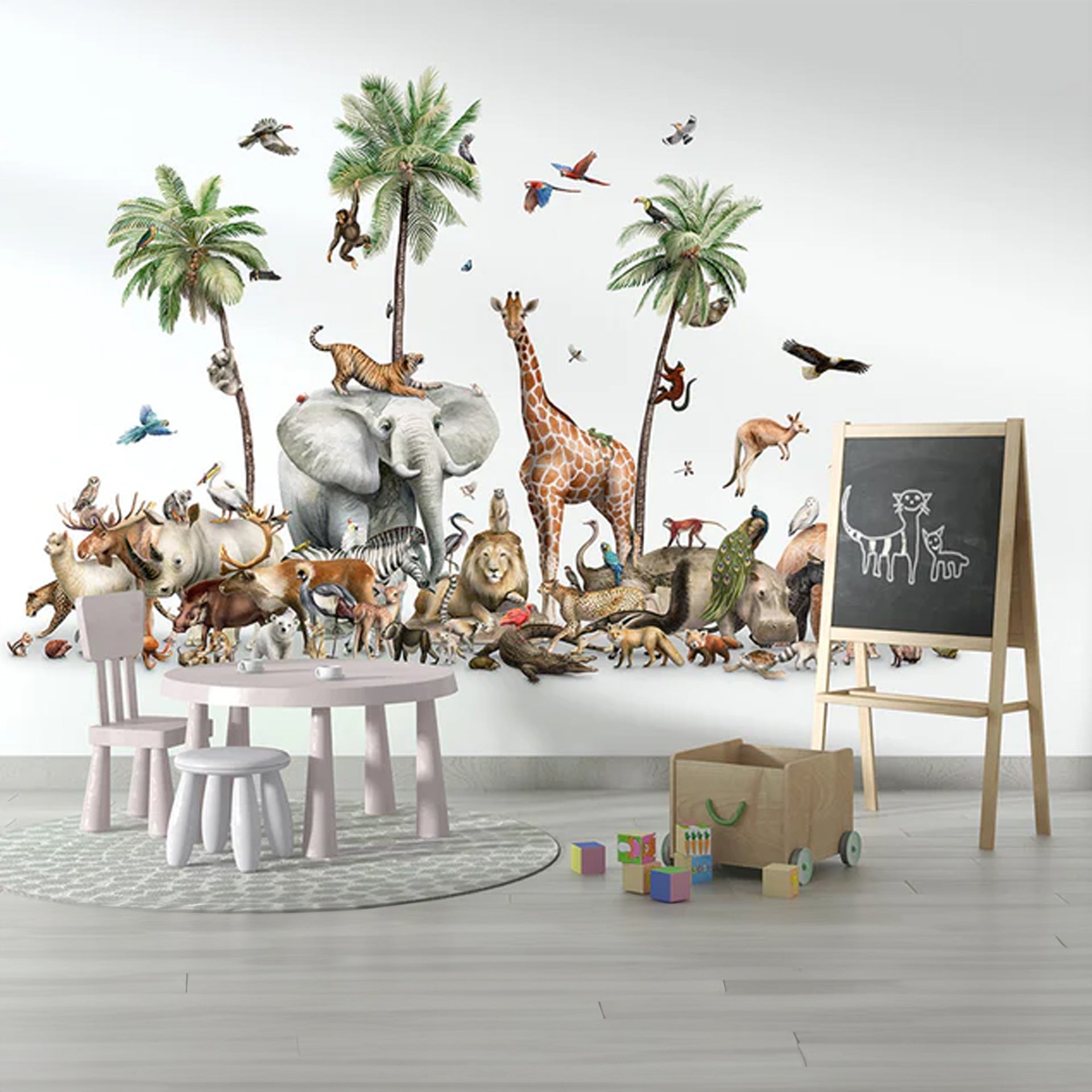 Beautiful-Biodiversity: Wallpaper With Diverse Animals Including Elephants, Giraffes, Lions, Tigers And Colorful Birds