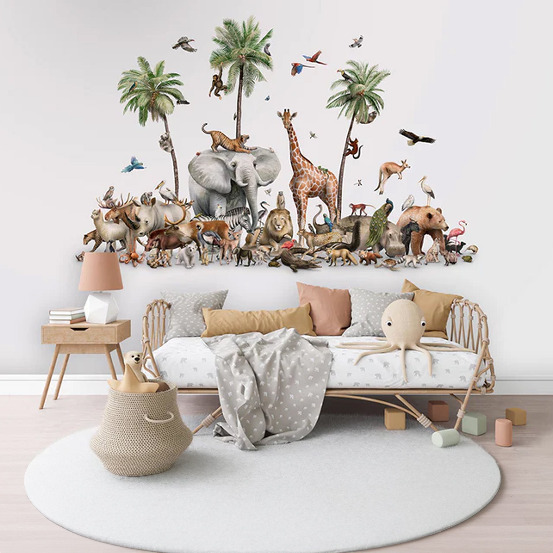 Beautiful-Biodiversity: Wallpaper With Diverse Animals Including Elephants, Giraffes, Lions, Tigers And Colorful Birds