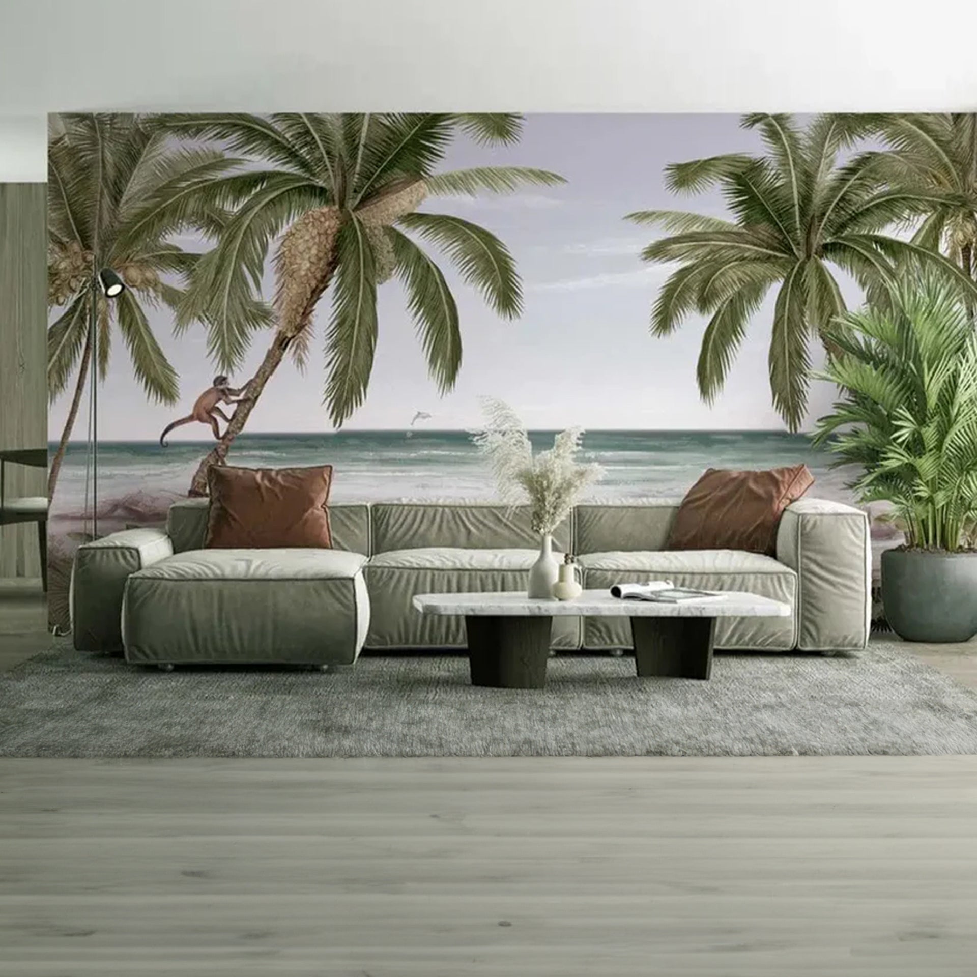 Bounty-Beach: Tropical Beach Wallpaper With Palm Trees, Monkeys, Parrots And Calm Ocean