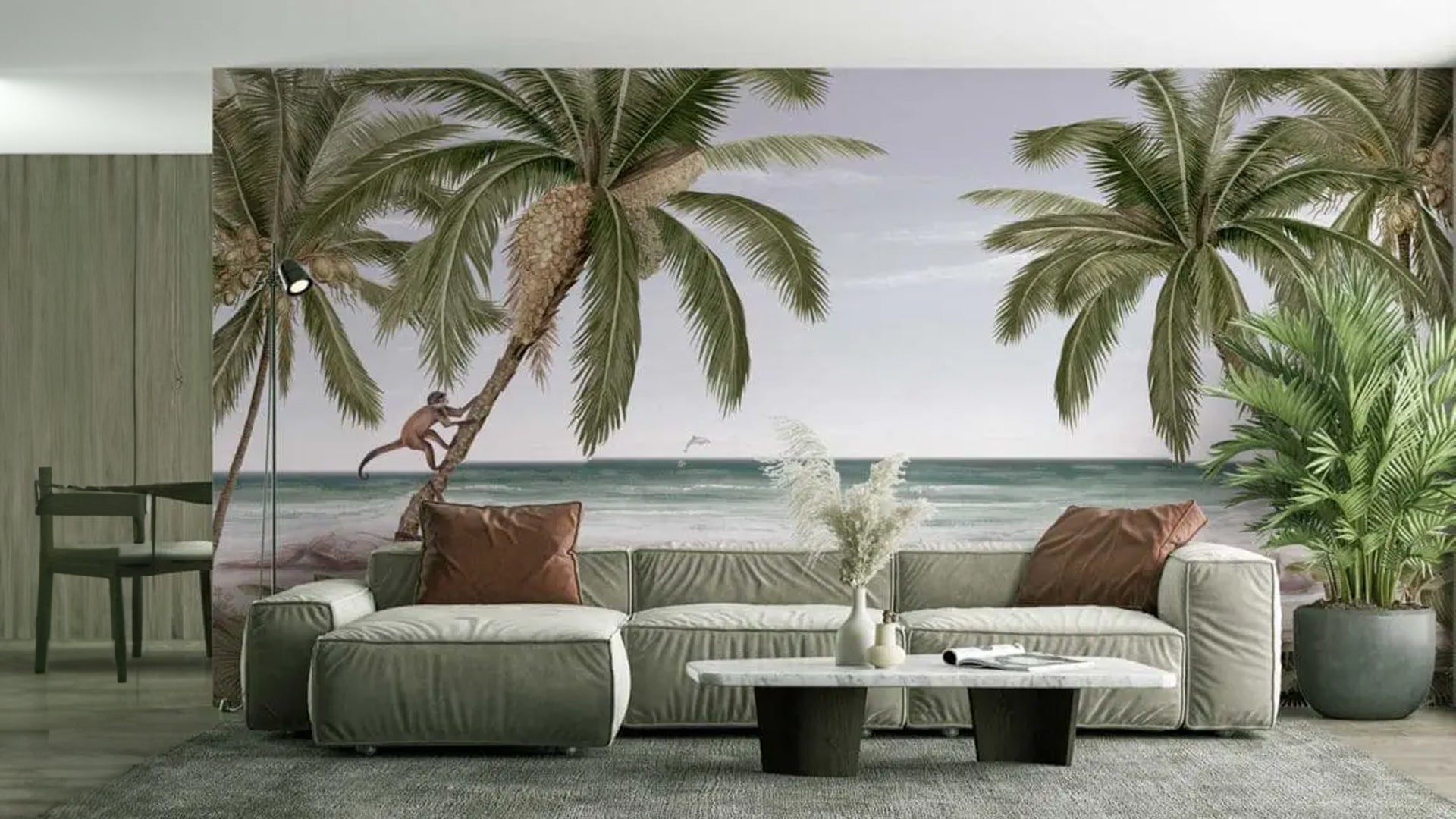 Beach wallpaper with monkey hanging on coconut tree