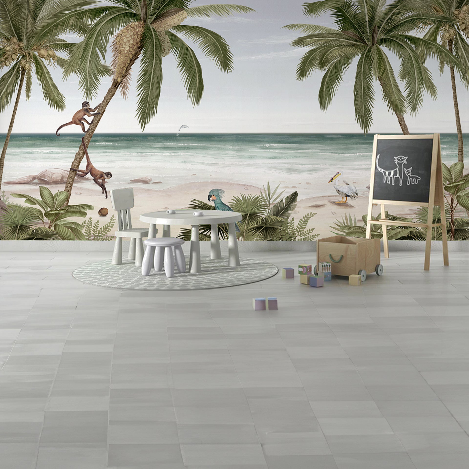 Bounty-Beach: Tropical Beach Wallpaper With Palm Trees, Monkeys, Parrots And Calm Ocean