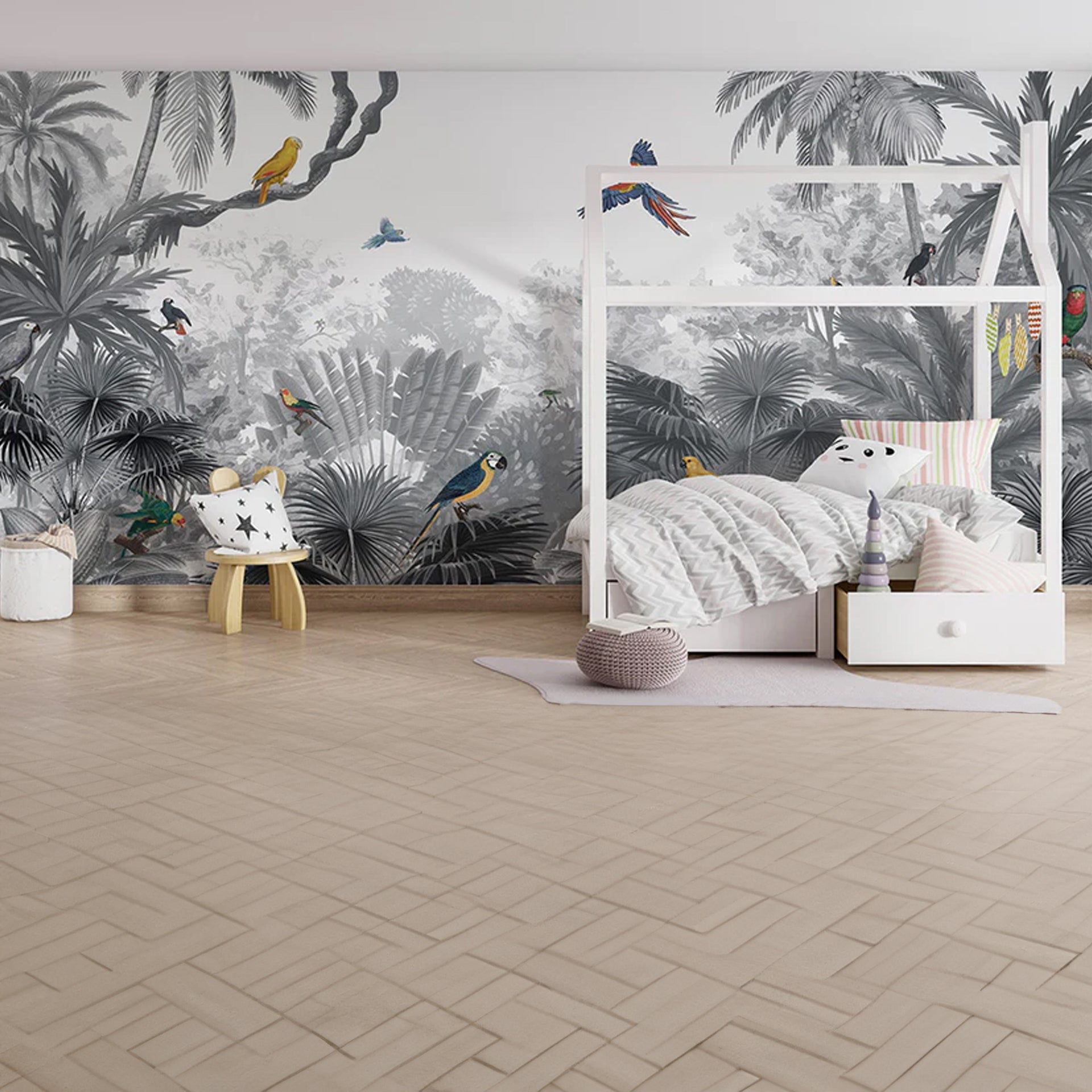 Canopy-Jungle: Vibrant Tropical wallpaper With Colorful Birds And Lush Green Foliage In Dense Rainforest Canopy