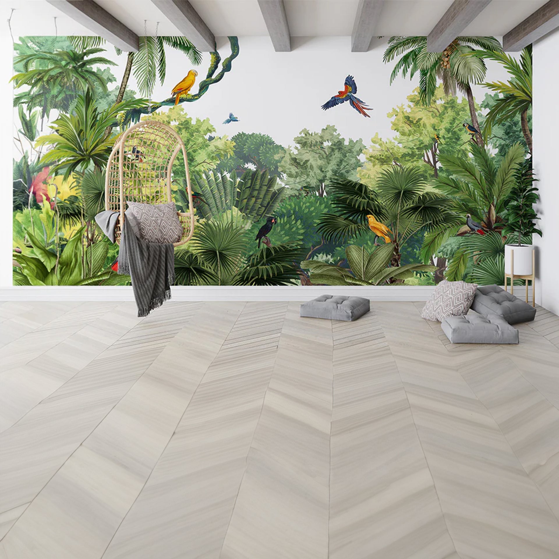 Canopy-Jungle: Vibrant Tropical wallpaper With Colorful Birds And Lush Green Foliage In Dense Rainforest Canopy