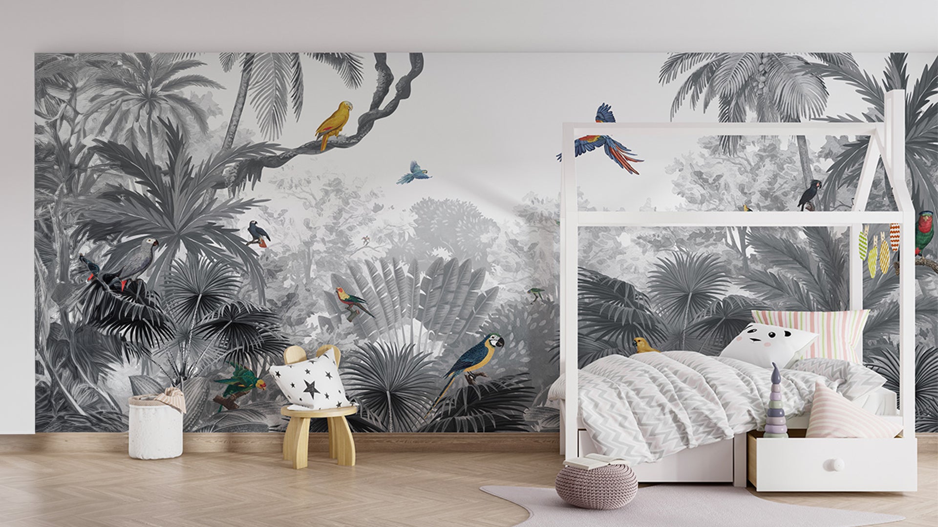 Tropical rainforest colorful parrots wallpaper for walls