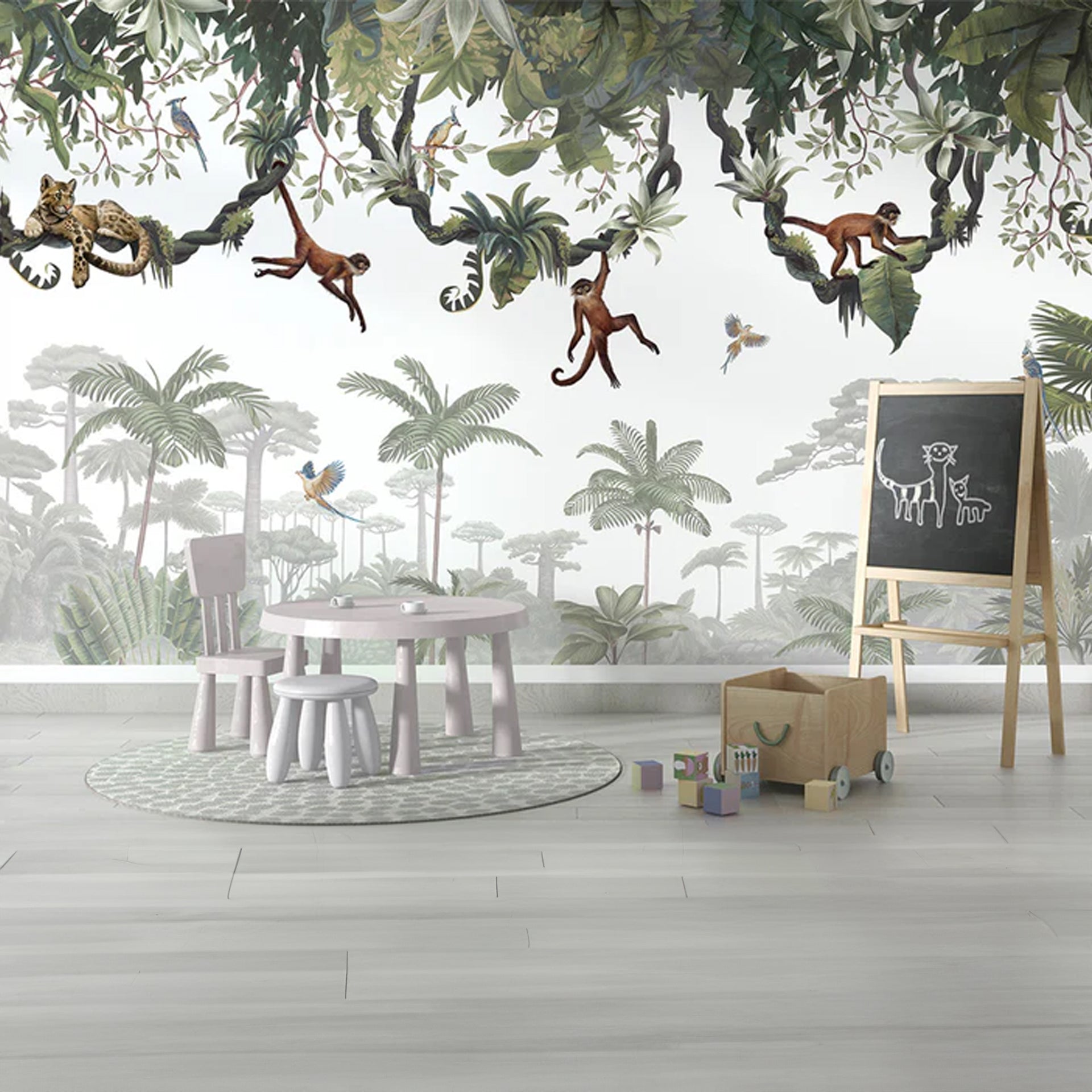 Cheeky-Monkeys: Lush Jungle wallpaper' With Monkeys And Tropical Birds Hanging On Branches In Dense Canopy