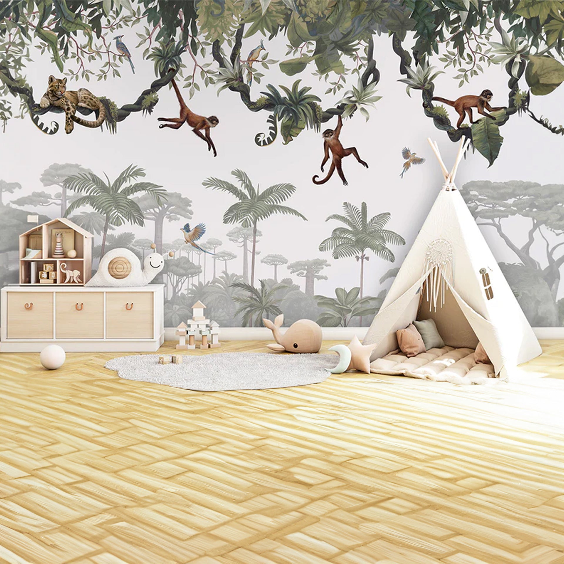 Cheeky-Monkeys: Lush Jungle wallpaper' With Monkeys And Tropical Birds Hanging On Branches In Dense Canopy