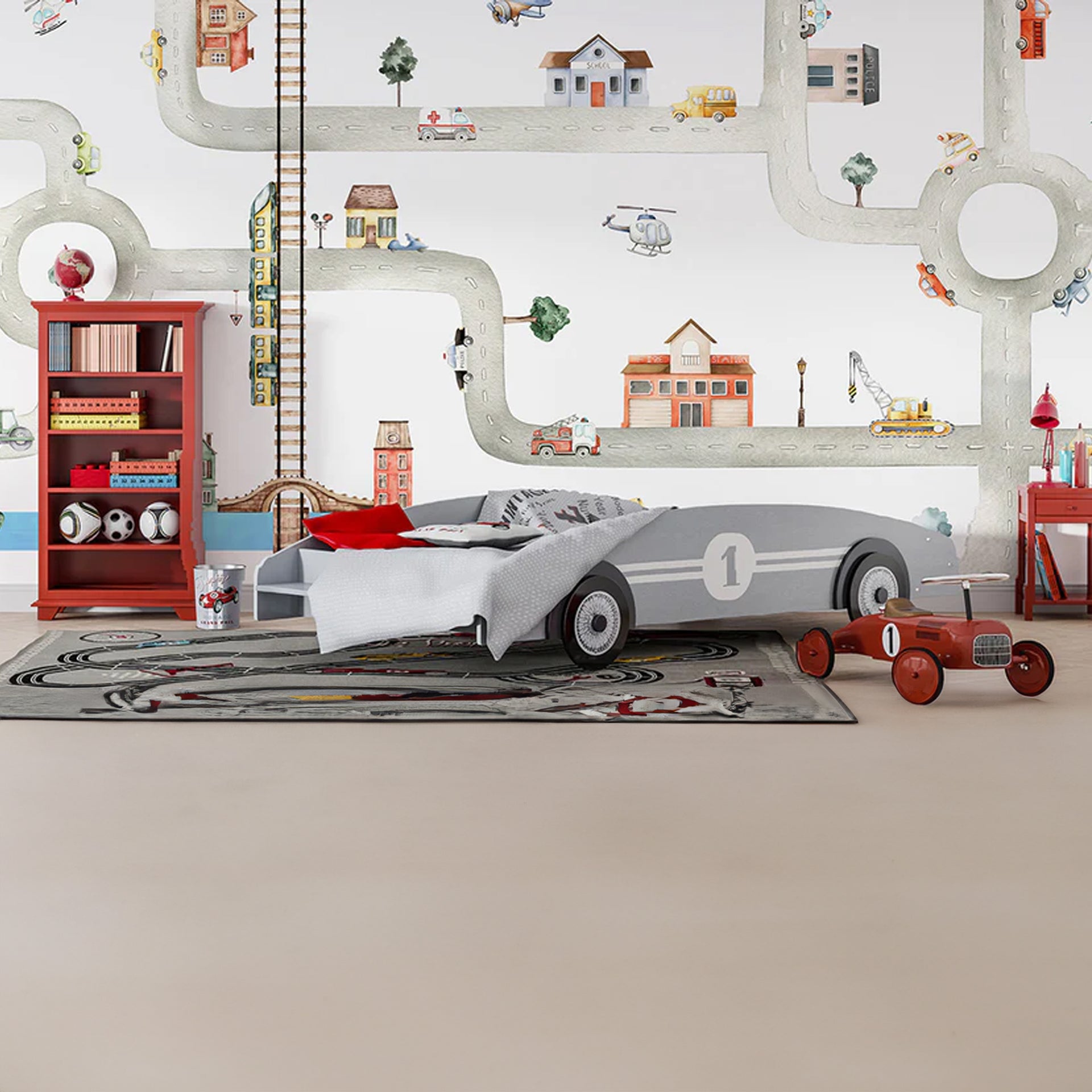 City-of-Vehicles: Whimsical City Road Map With Bridges, Vehicles, and Buildings