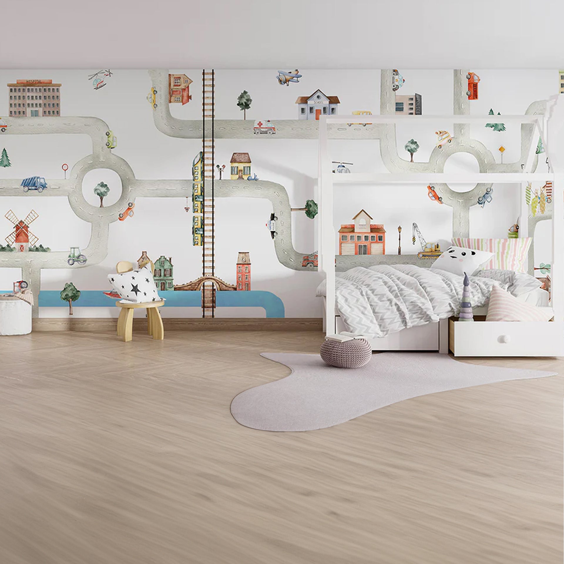 City-of-Vehicles: Whimsical City Road Map With Bridges, Vehicles, and Buildings