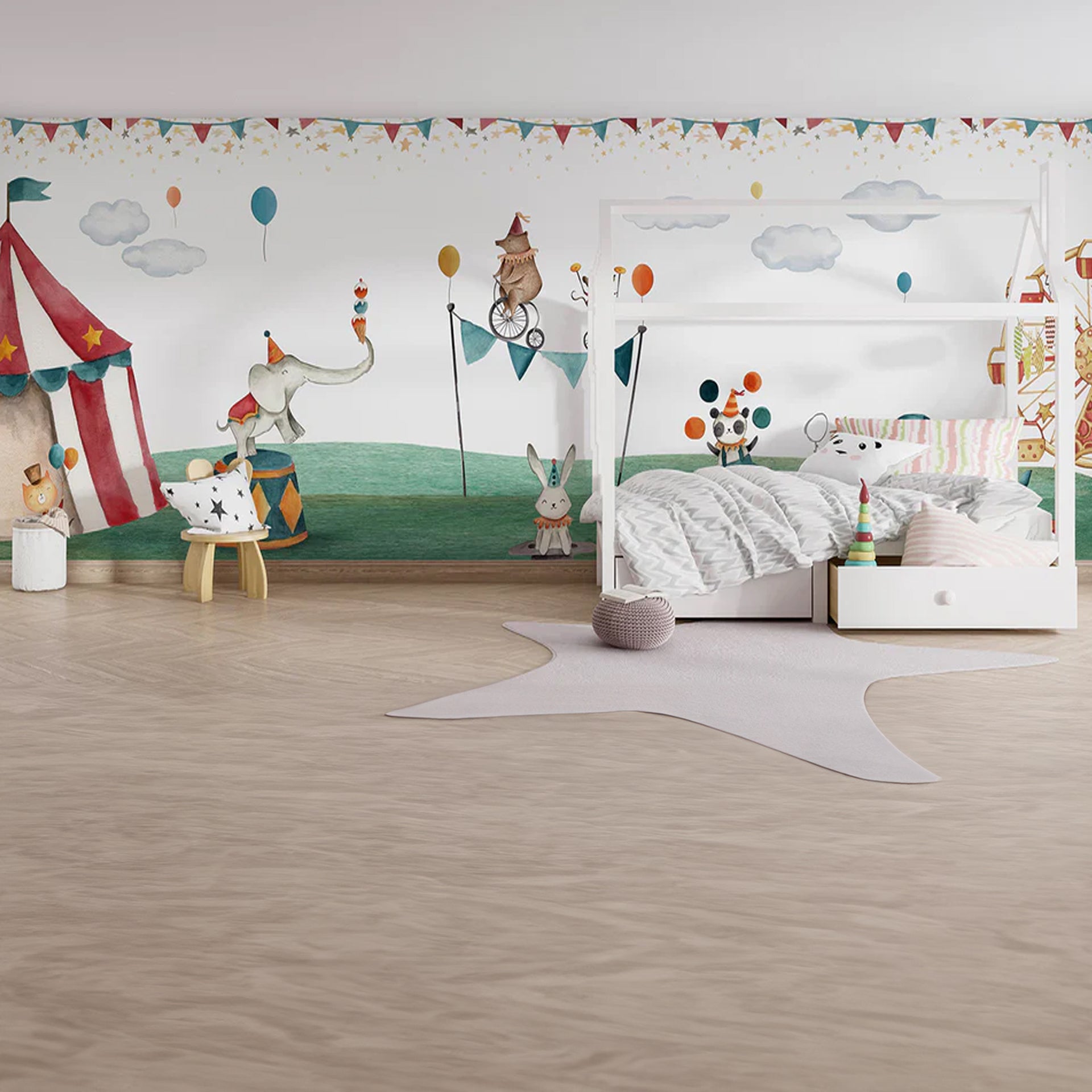 Crazy-Circus: Whimsical Wallpaper With Animals, Balloons, Banners, Ferris Wheel And Tent