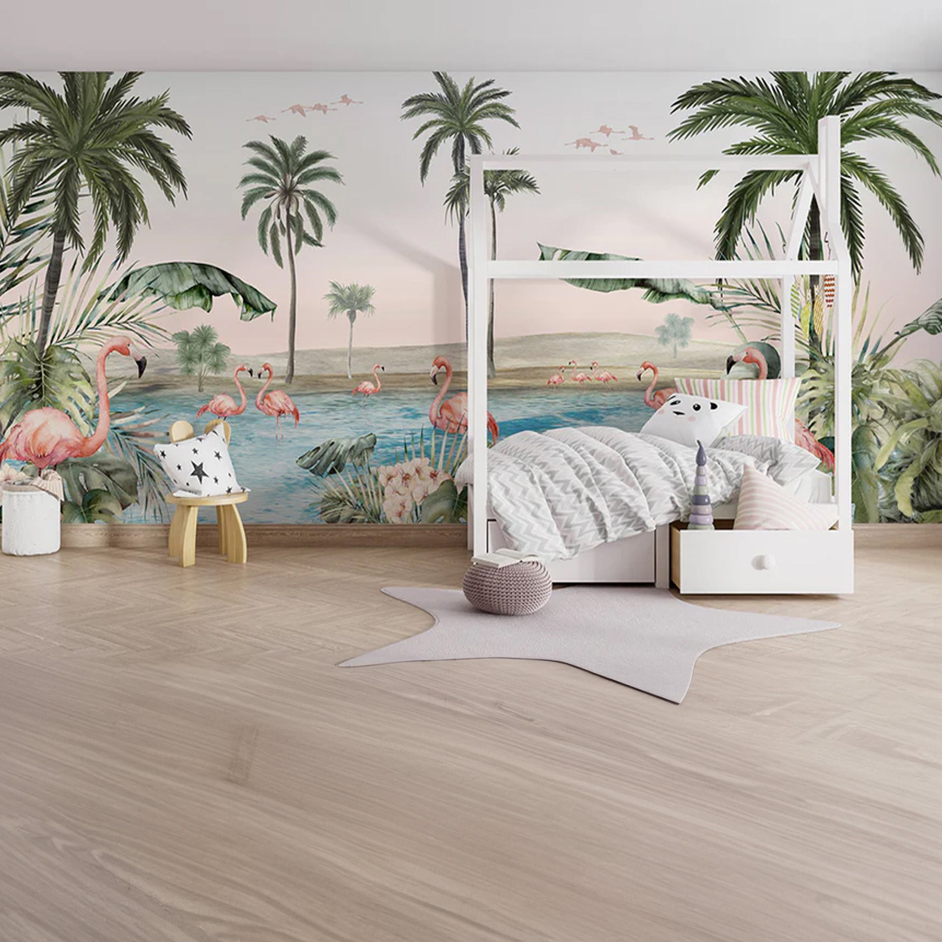 Flamingo-Oasis: Tropical Flamingo Lagoon With Palm Trees At Sunset