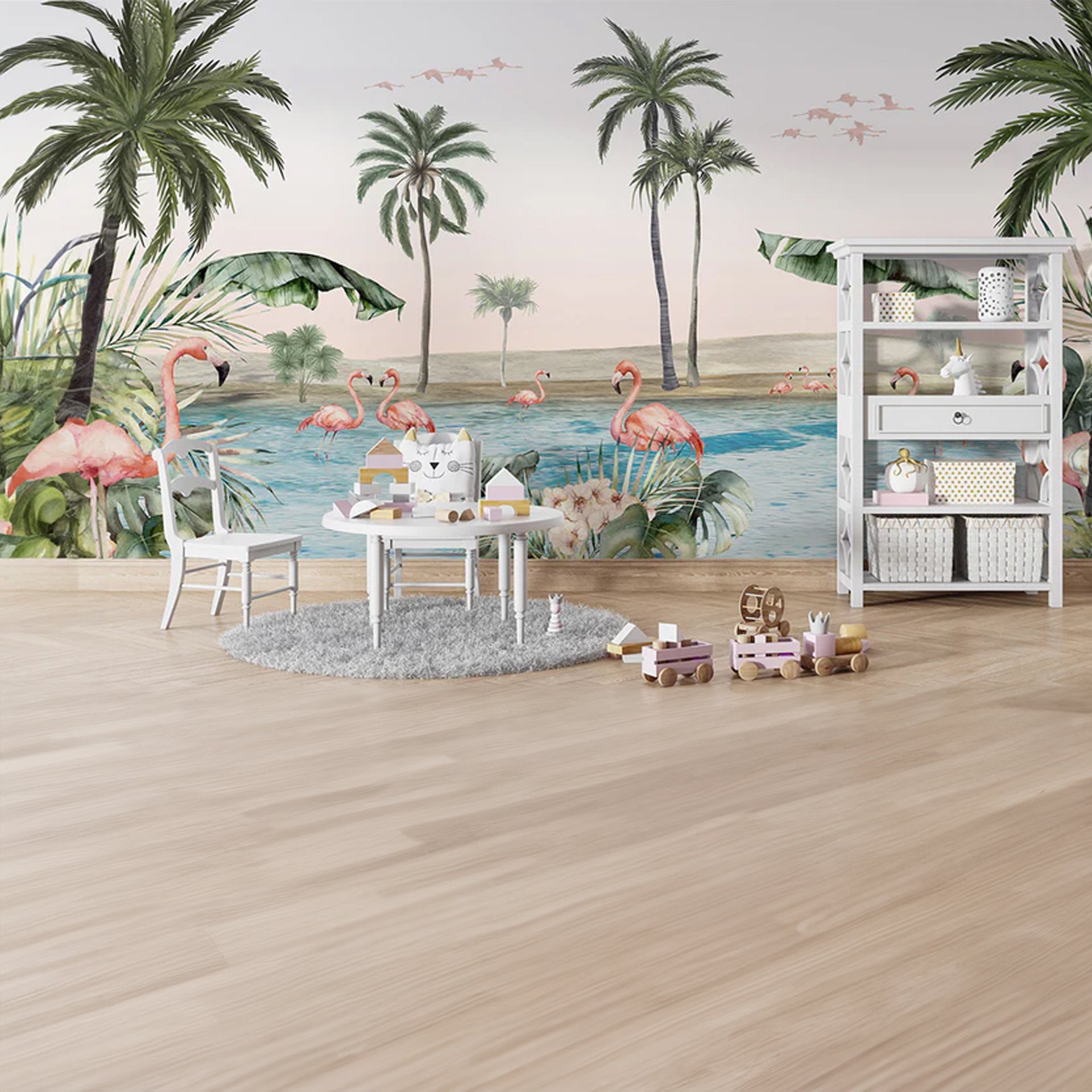 Flamingo-Oasis: Tropical Flamingo Lagoon With Palm Trees At Sunset