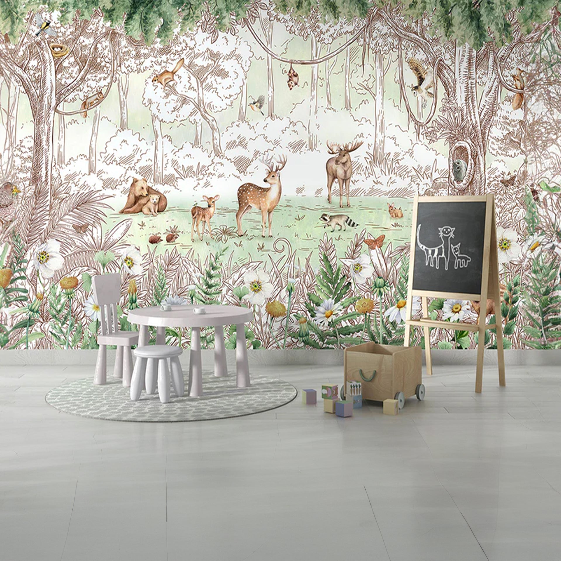 Forest-Friends: Tranquil Forest Wallpaper With Deer, Rabbits, Foxes