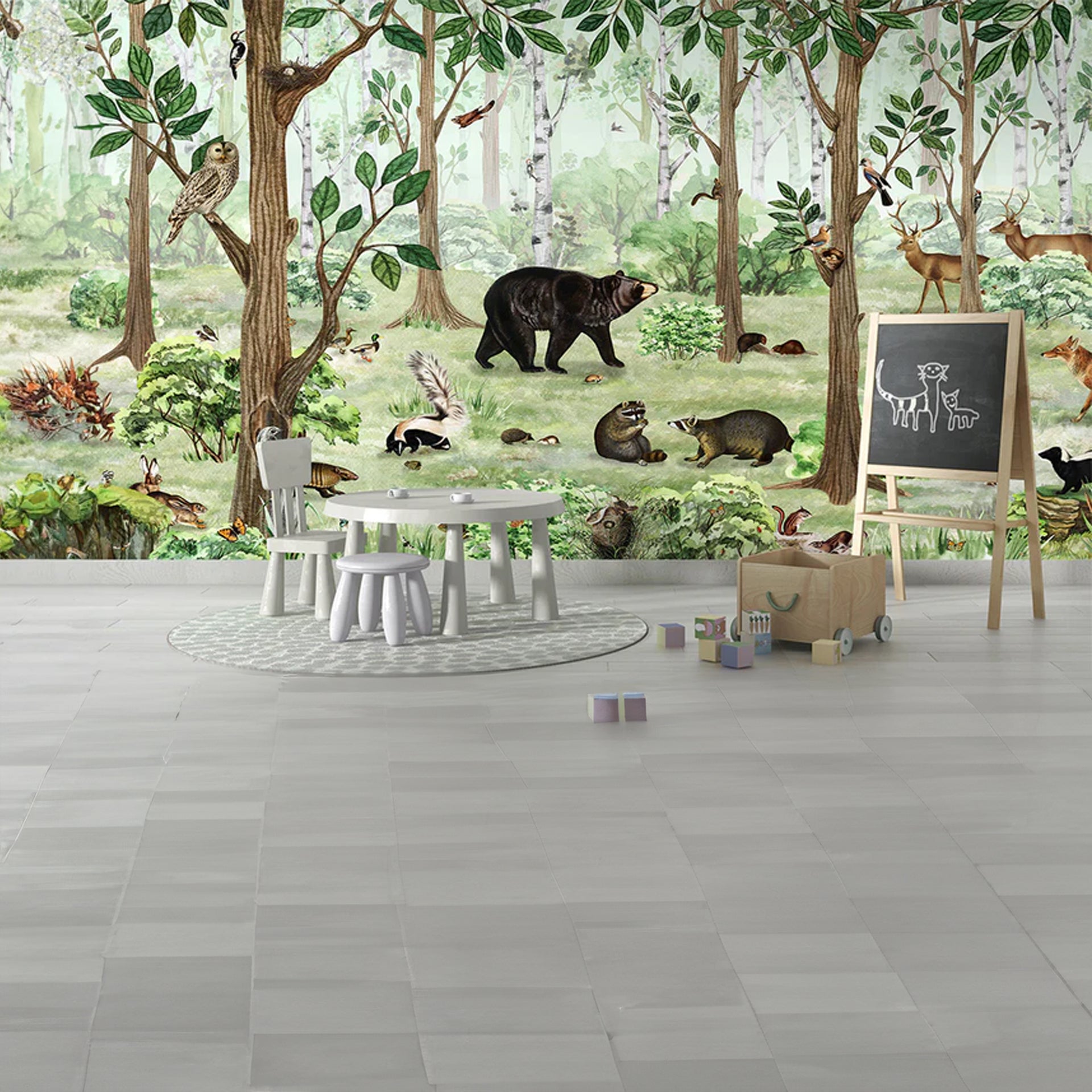 Forest-Lookbook: Panoramic Wallpaper With Diverse Wildlife Including Bears, Deer, Birds, and Squirrels