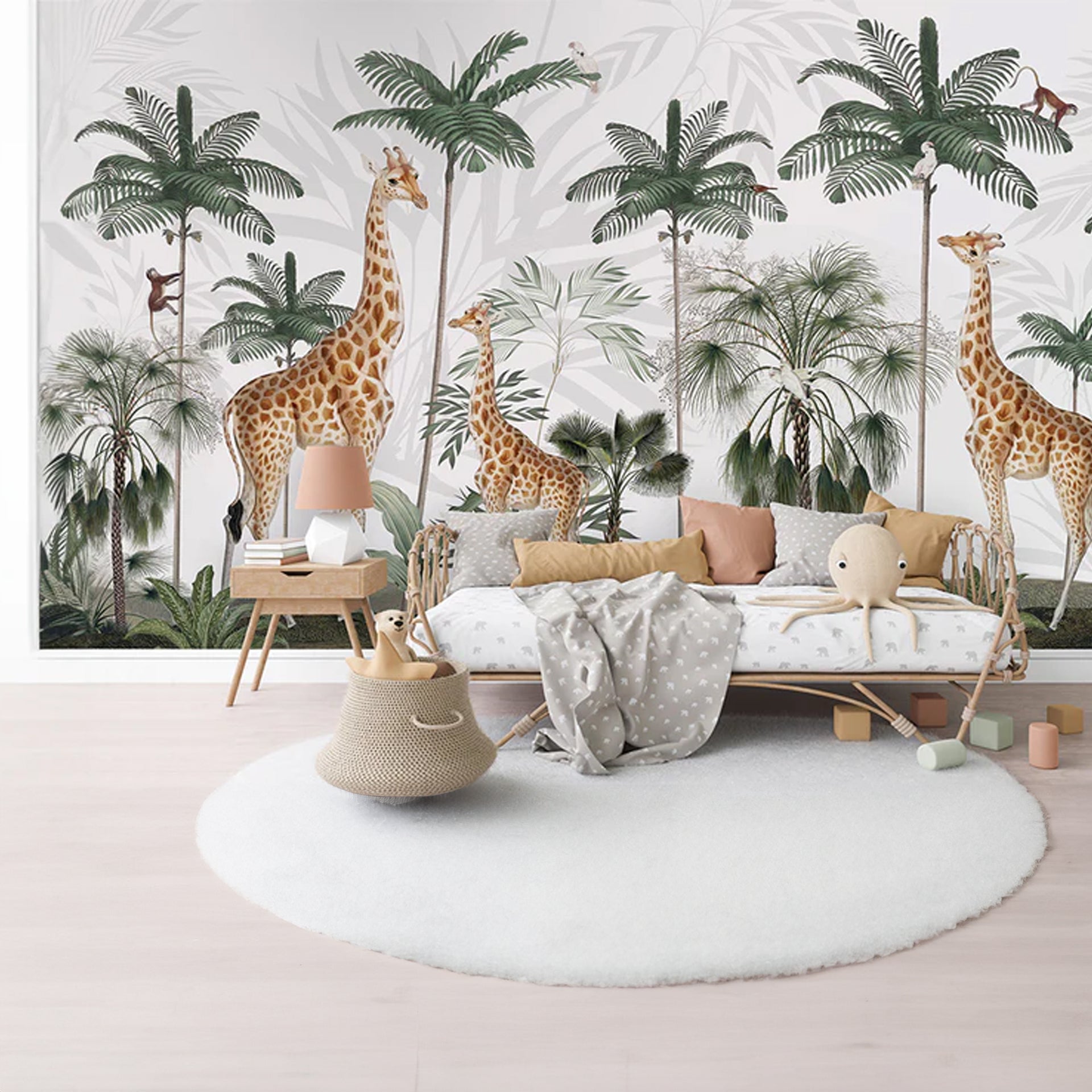 Jungle-Giraffes: Giraffes Among Tropical Palm Trees in a Lush Wildlife Illustration
