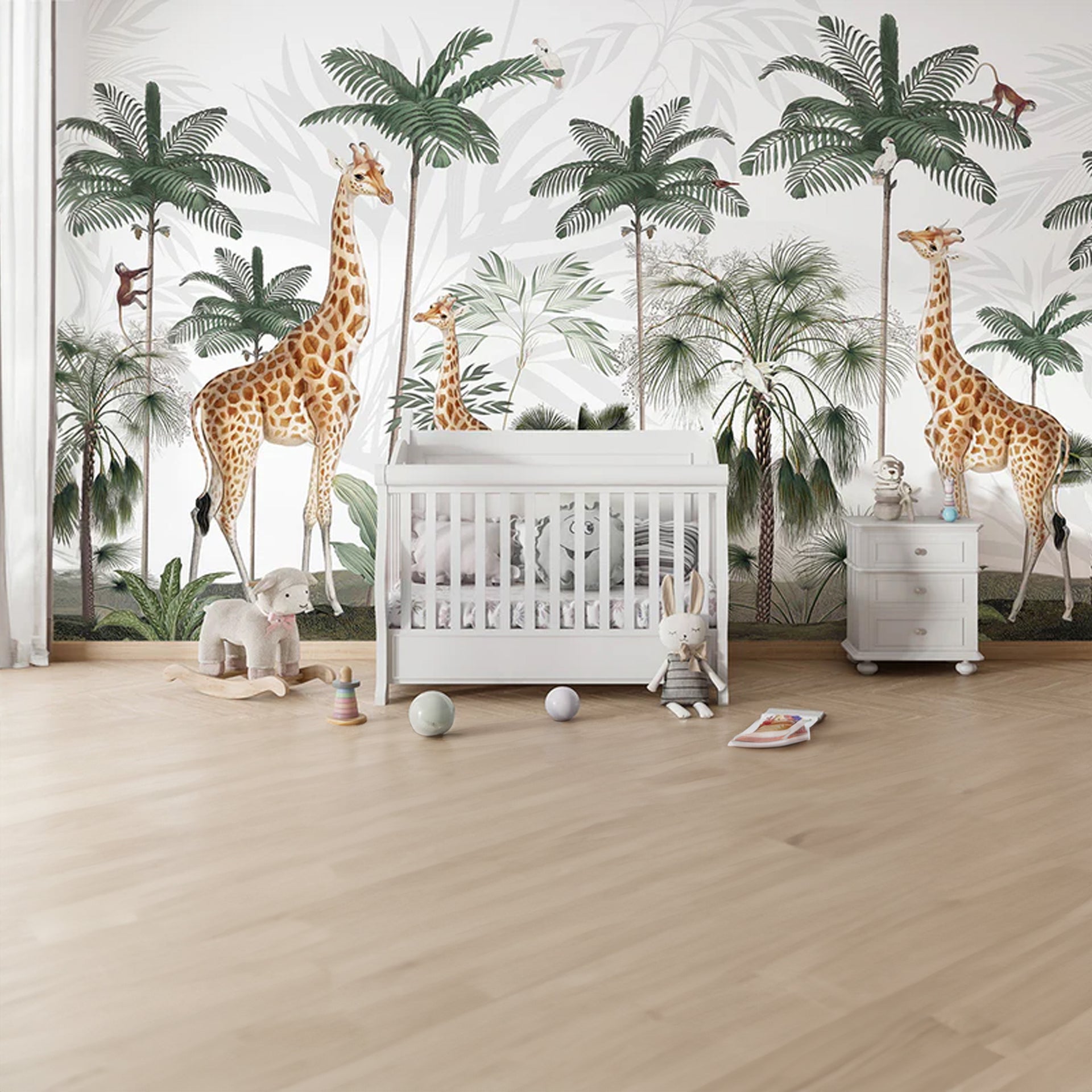 Jungle-Giraffes: Giraffes Among Tropical Palm Trees in a Lush Wildlife Illustration