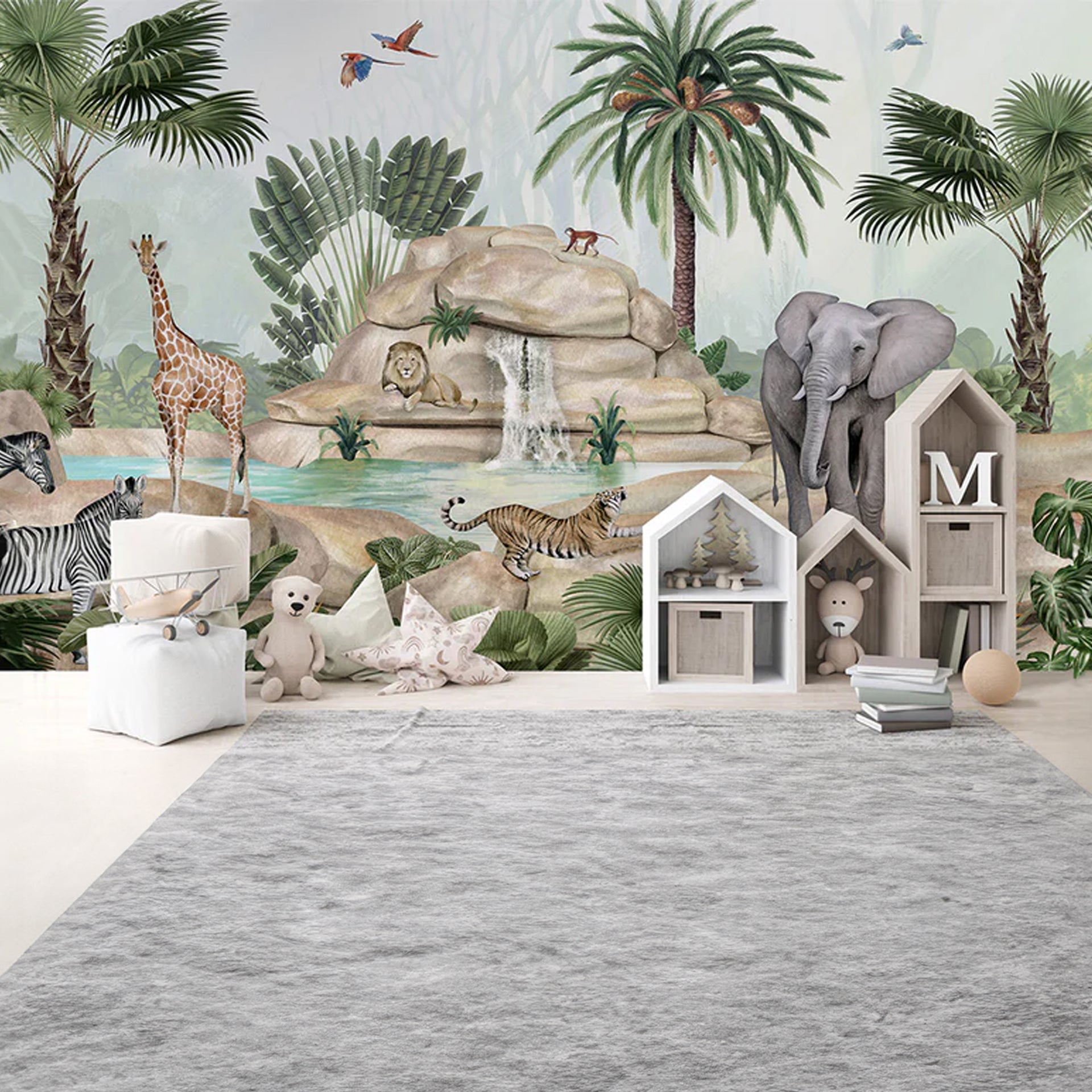 Jolly-Jungle:Vibrant Wildlife Wallpaper With Elephants, Giraffes, Tigers, and Lions Near Waterfall