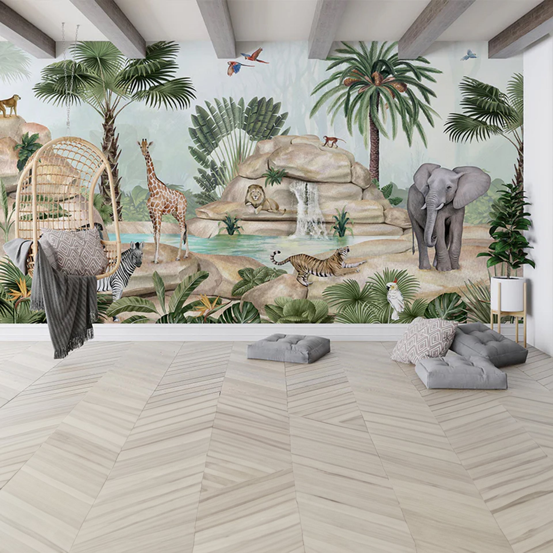 Jolly-Jungle:Vibrant Wildlife Wallpaper With Elephants, Giraffes, Tigers, and Lions Near Waterfall