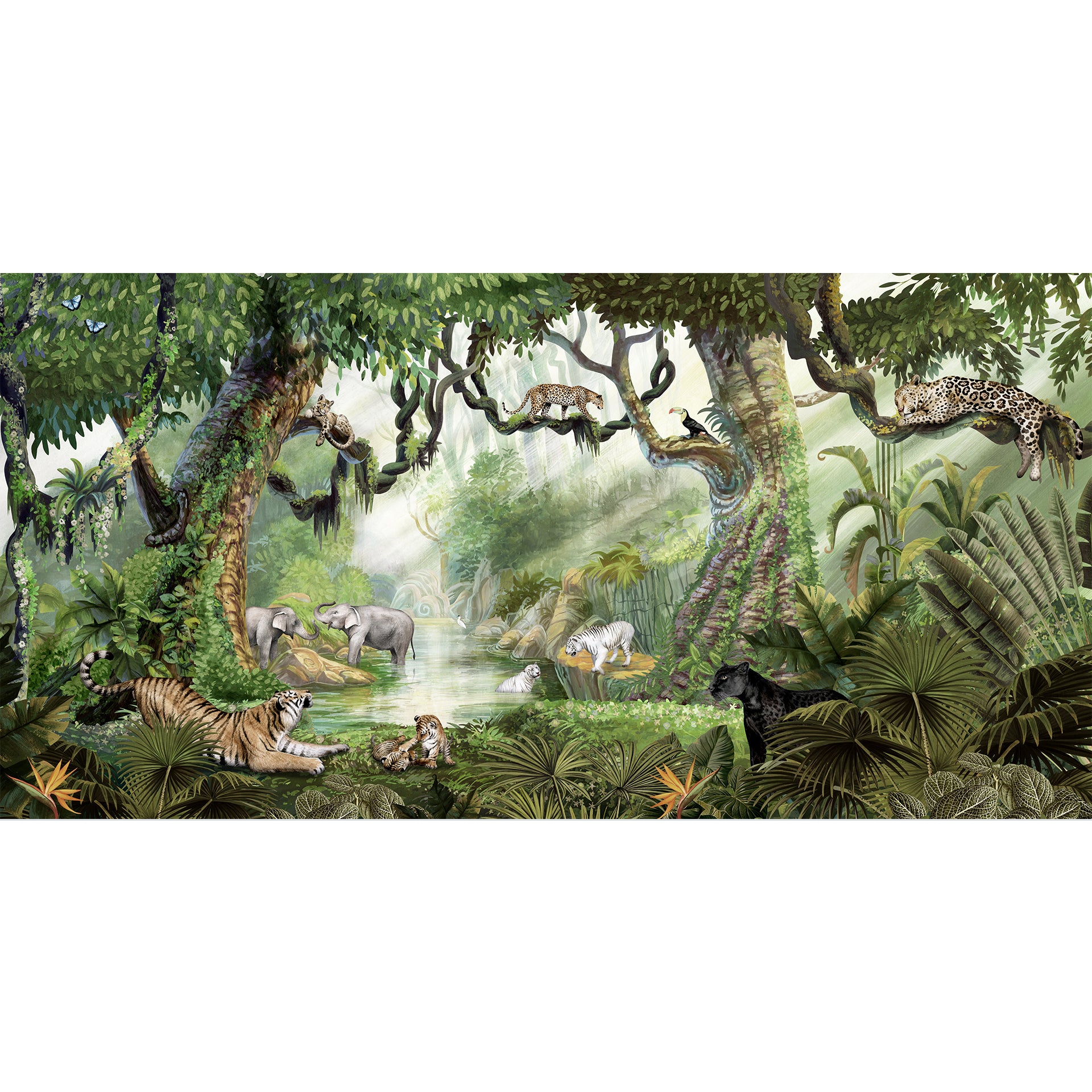 Jungle-Cats:Lush Jungle Wallpaper With Tigers, Leopards, Elephants