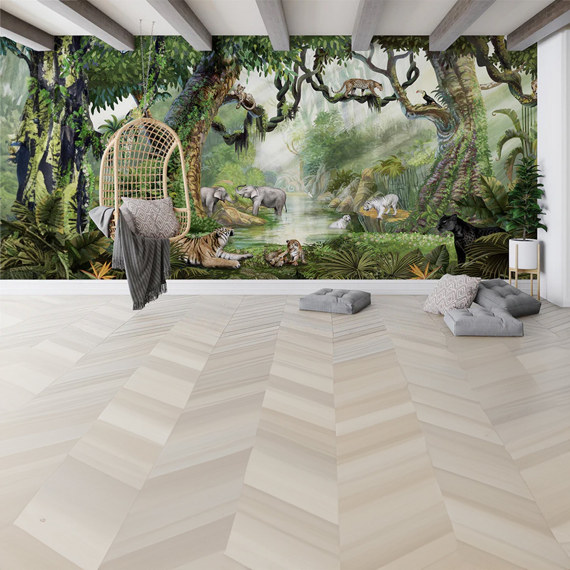 Jungle-Cats:Lush Jungle Wallpaper With Tigers, Leopards, Elephants